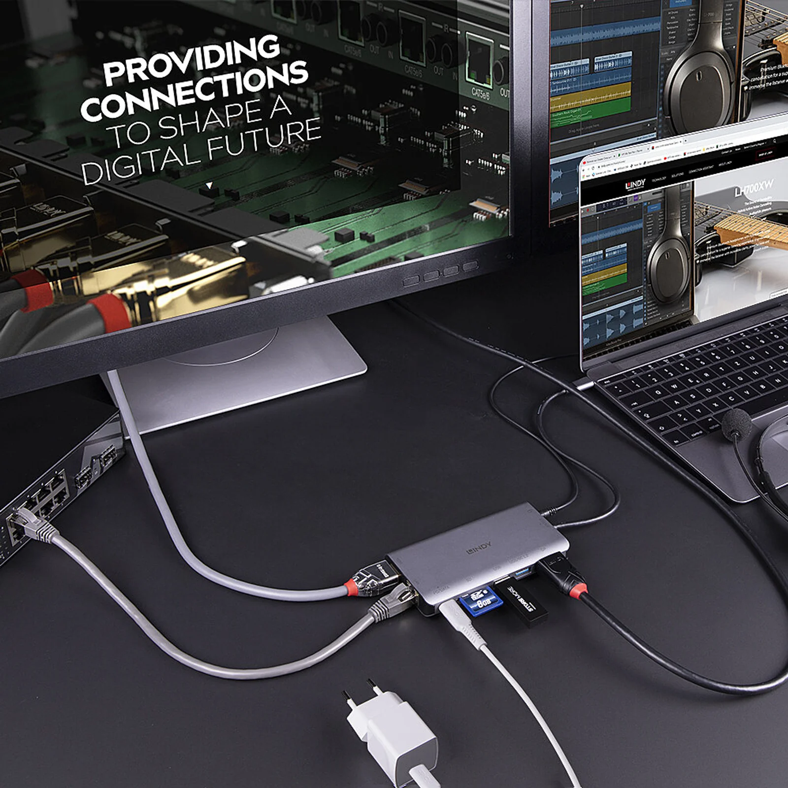 Lindy DST-Mini XT, Mini Docking Station USB-C pour Laptop pour un écran (4K) ou deux écrans (Full HD) & charge 100W