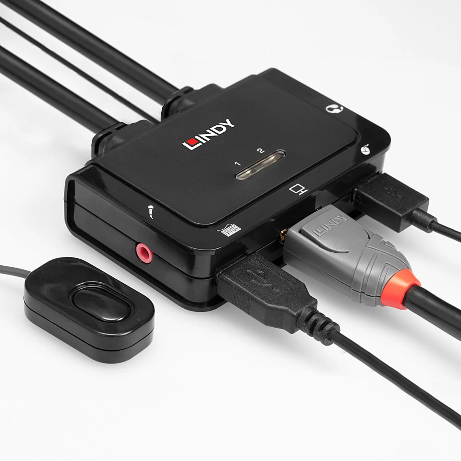 Lindy Switch KVM 2 Ports DisplayPort 1.2, USB 2.0 & Audio, Câbles Intégrés