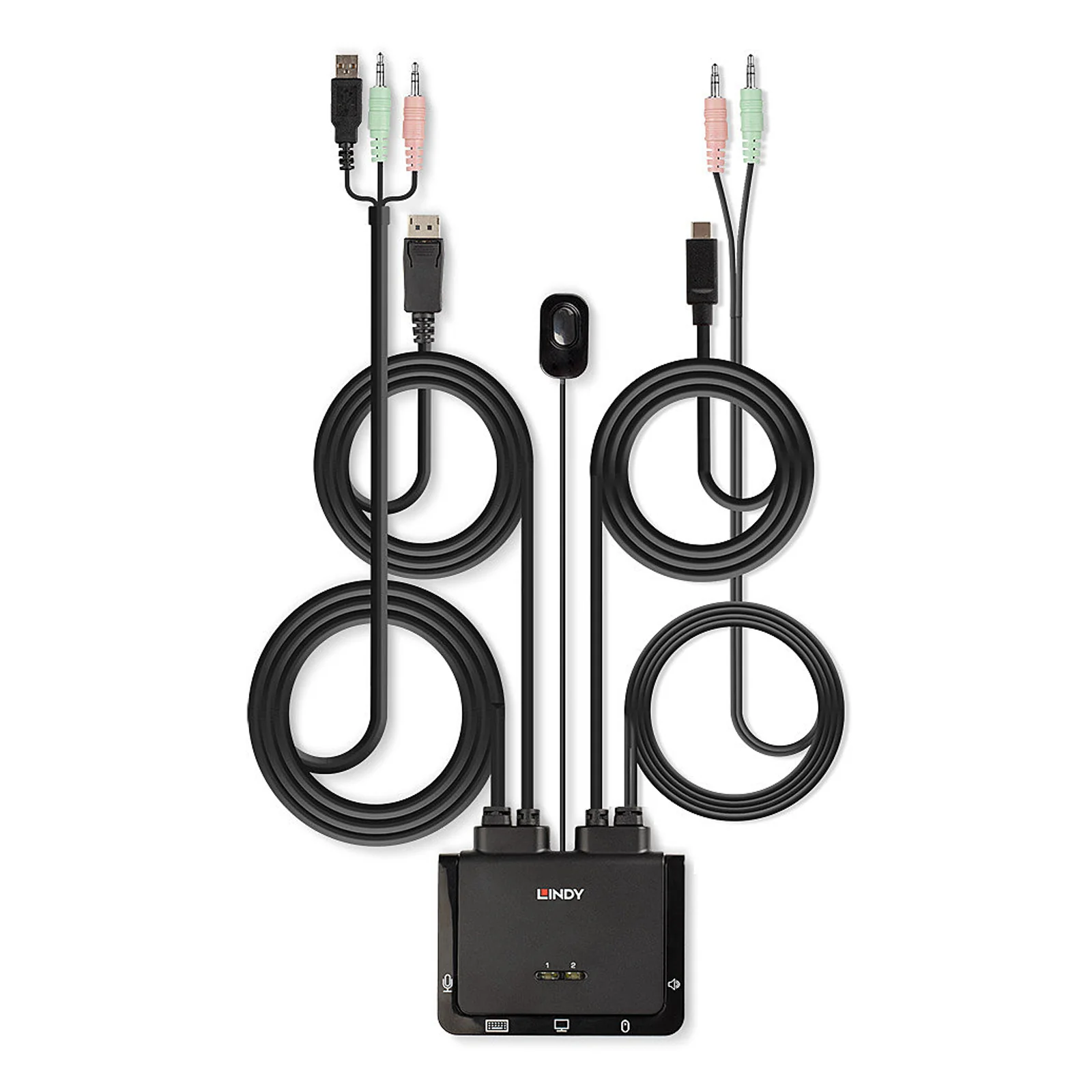 Lindy Switch KVM 2 Ports DisplayPort 1.2, USB Type C, USB 2.0 & Audio avec Câbles