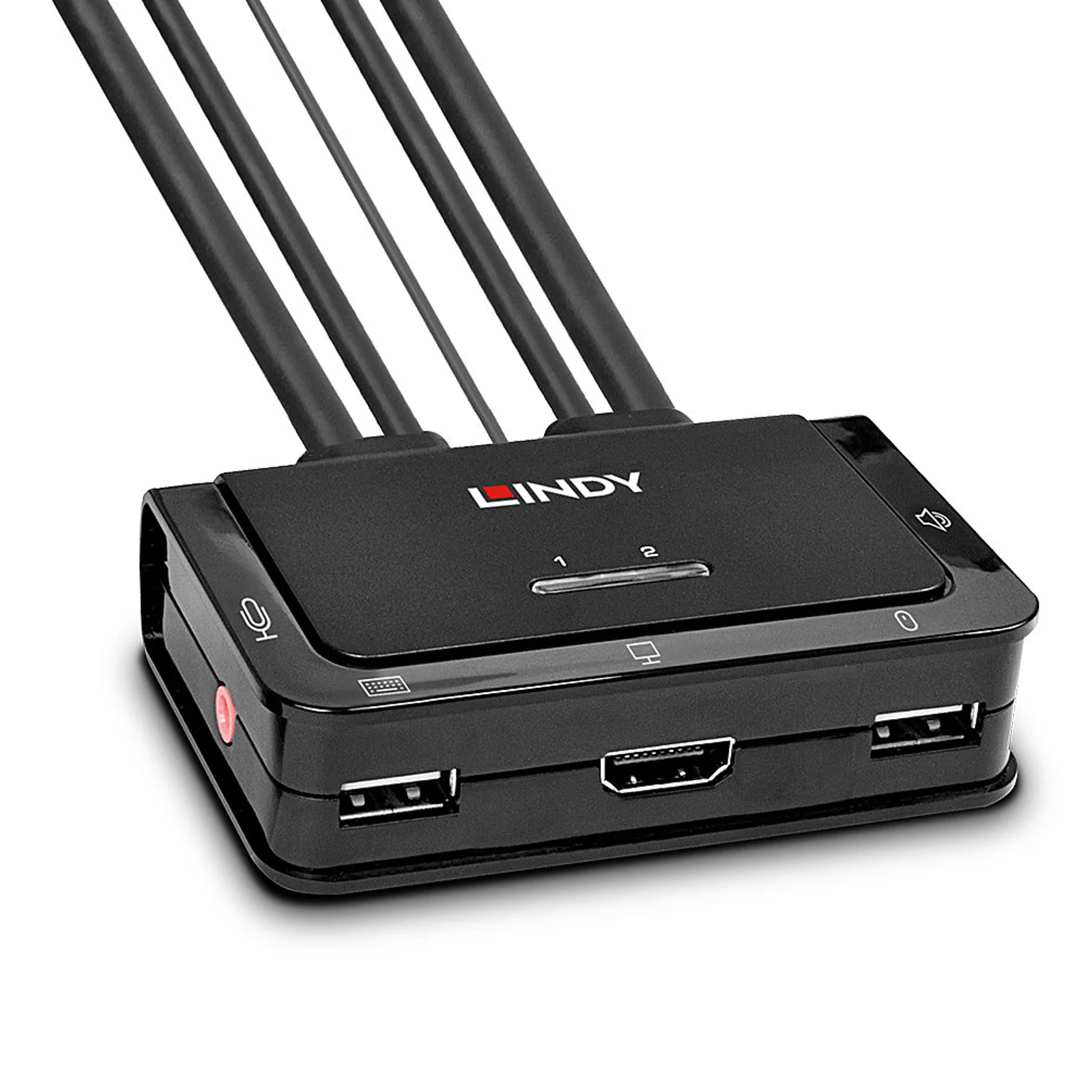 Lindy Switch KVM 2 ports HDMI 4K60, USB 2.0 & audio, câbles intégrés