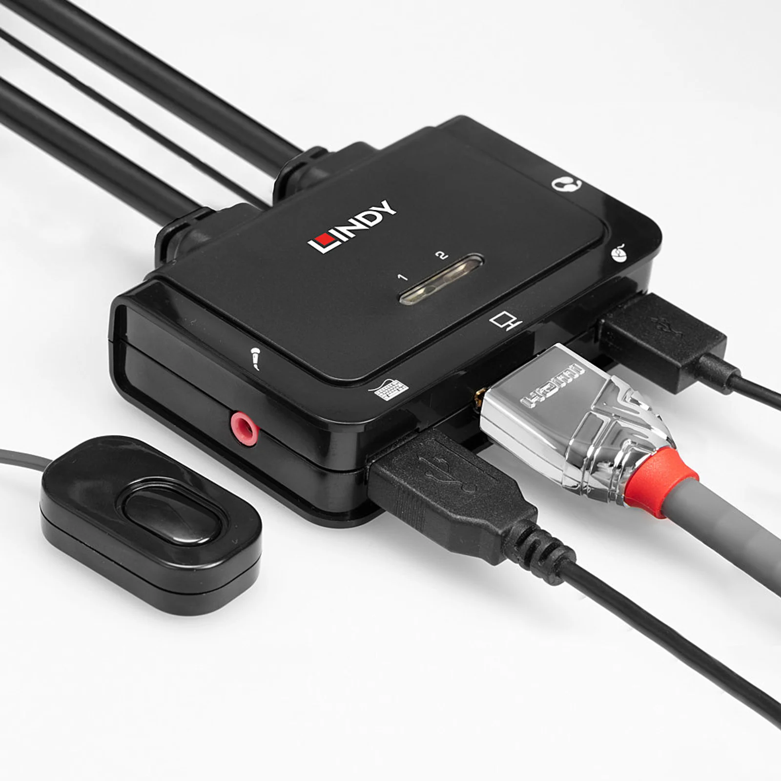 Lindy Switch KVM 2 ports HDMI 4K60, USB 2.0 & audio, câbles intégrés
