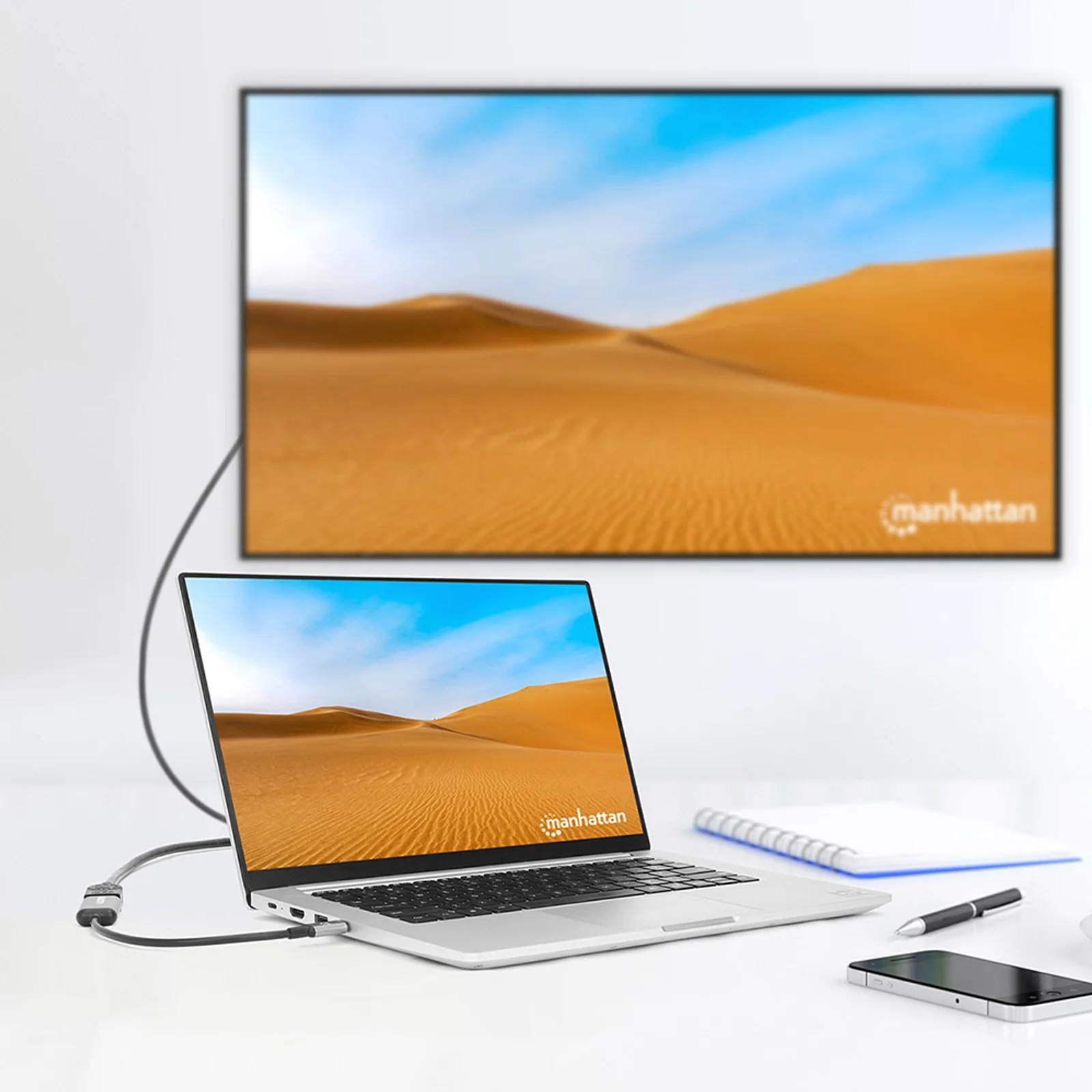 Manhattan 153706 câble vidéo et adaptateur 0,15 m USB Type-C HDMI Type A (Standard) Noir, Argent