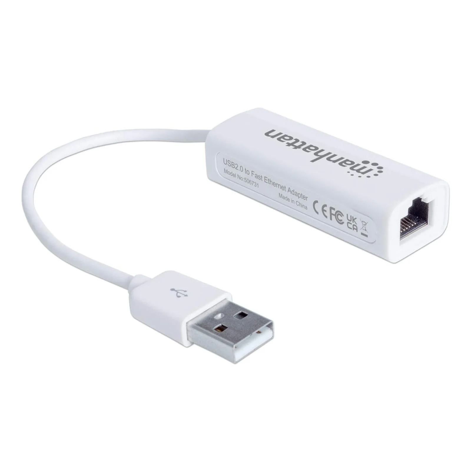Manhattan Adaptateur Fast Ethernet USB-A, réseau 10/100 Mbit/s, 480 Mbit/s (USB 2.0), RJ45, blanc, garantie 3 ans