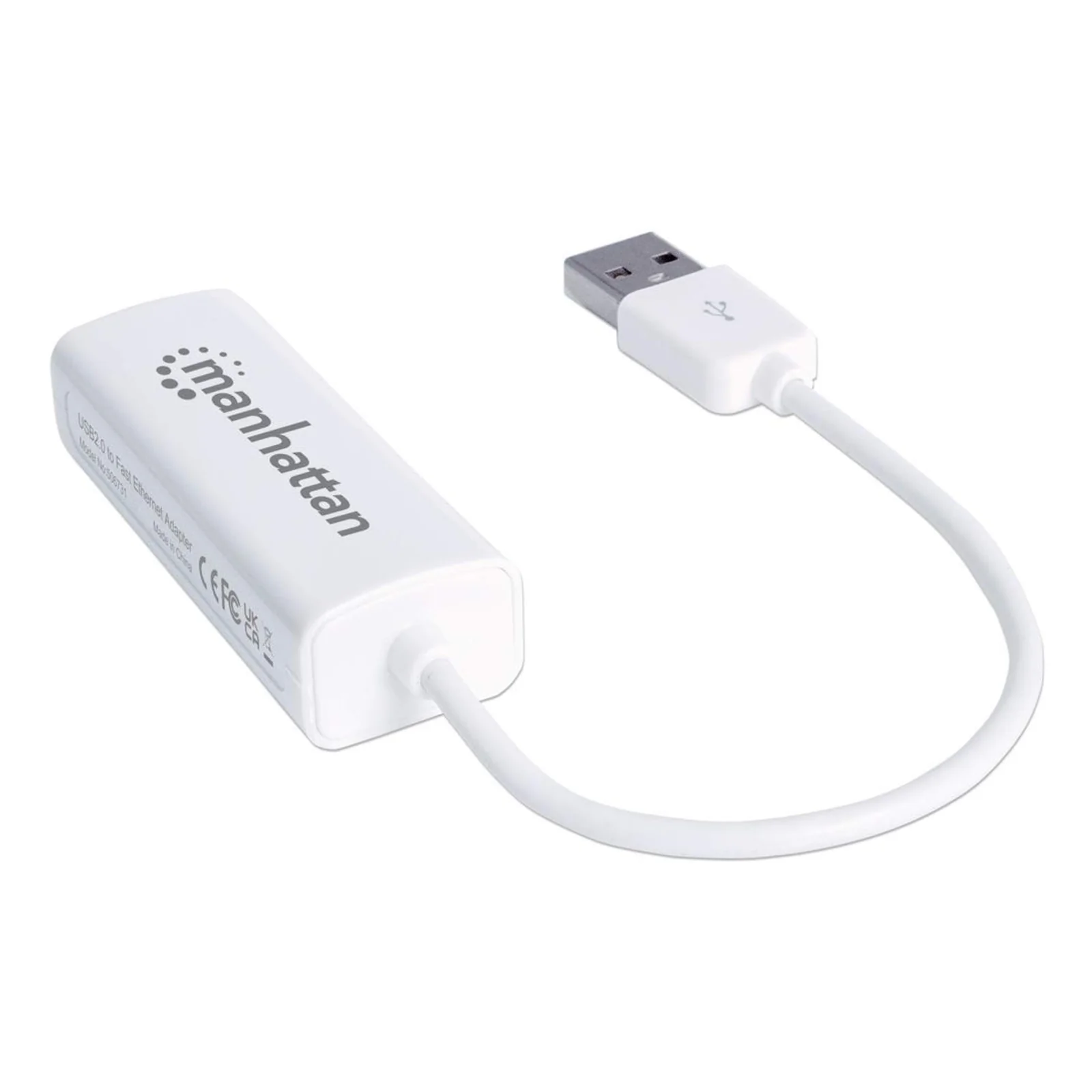 Manhattan Adaptateur Fast Ethernet USB-A, réseau 10/100 Mbit/s, 480 Mbit/s (USB 2.0), RJ45, blanc, garantie 3 ans