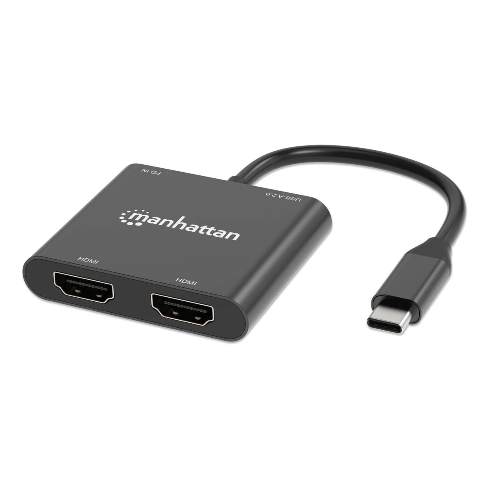 Adaptateur USB-C vers double HDMI + USB-A, double 4K@30Hz ou 4K@60Hz (un écran), PD 100 W, 480 Mbit/s (USB 2.0), câble 15 cm, noir, garantie 3 ans
