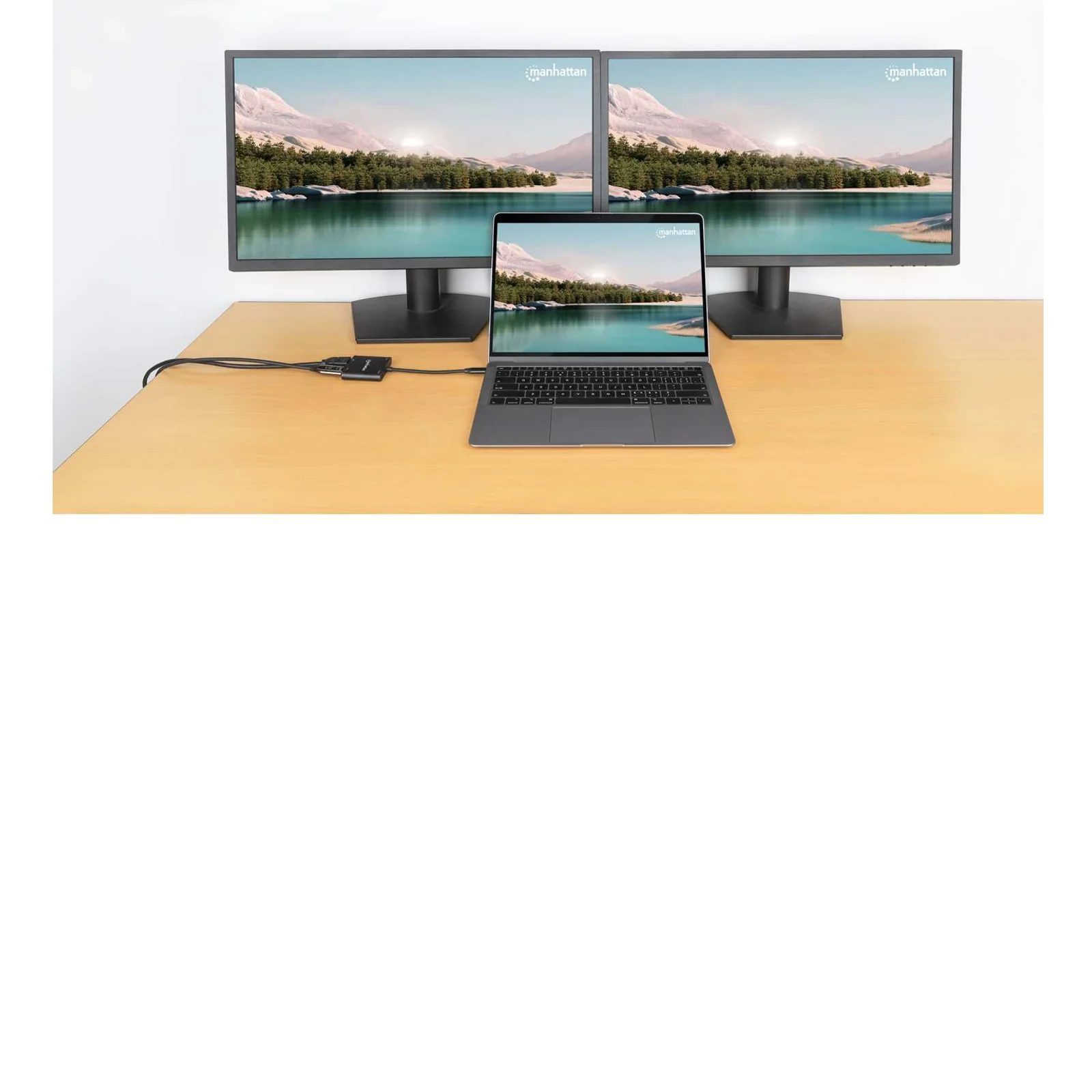Manhattan Adaptateur USB-C vers double HDMI + USB-A, double 4K@30Hz ou 4K@60Hz (un écran), PD 100 W, 480 Mbit/s (USB 2.0), câble 15 cm, noir, garantie 3 ans