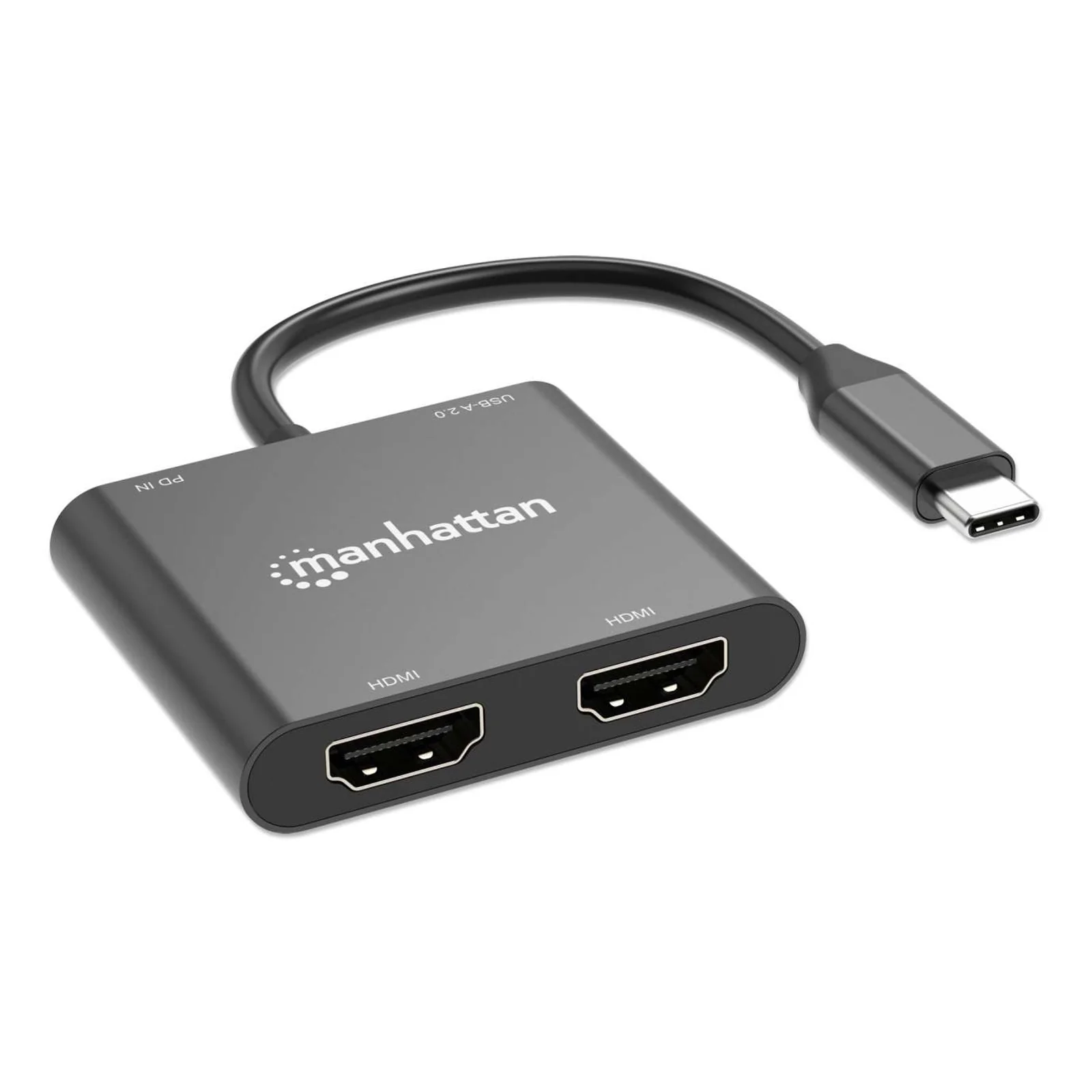 Manhattan Adaptateur USB-C vers double HDMI + USB-A, double 4K@30Hz ou 4K@60Hz (un écran), PD 100 W, 480 Mbit/s (USB 2.0), câble 15 cm, noir, garantie 3 ans