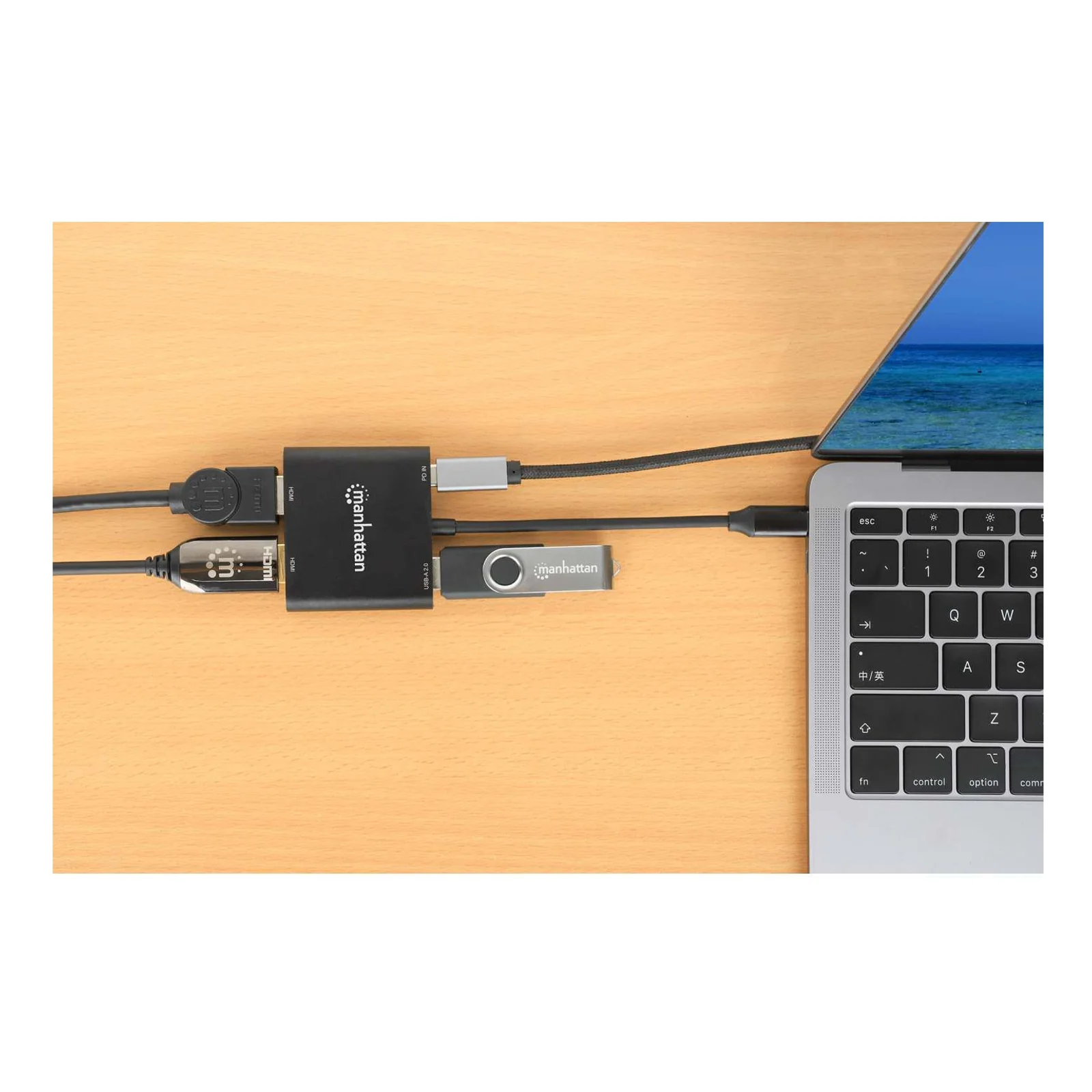 Manhattan Adaptateur USB-C vers double HDMI + USB-A, double 4K@30Hz ou 4K@60Hz (un écran), PD 100 W, 480 Mbit/s (USB 2.0), câble 15 cm, noir, garantie 3 ans