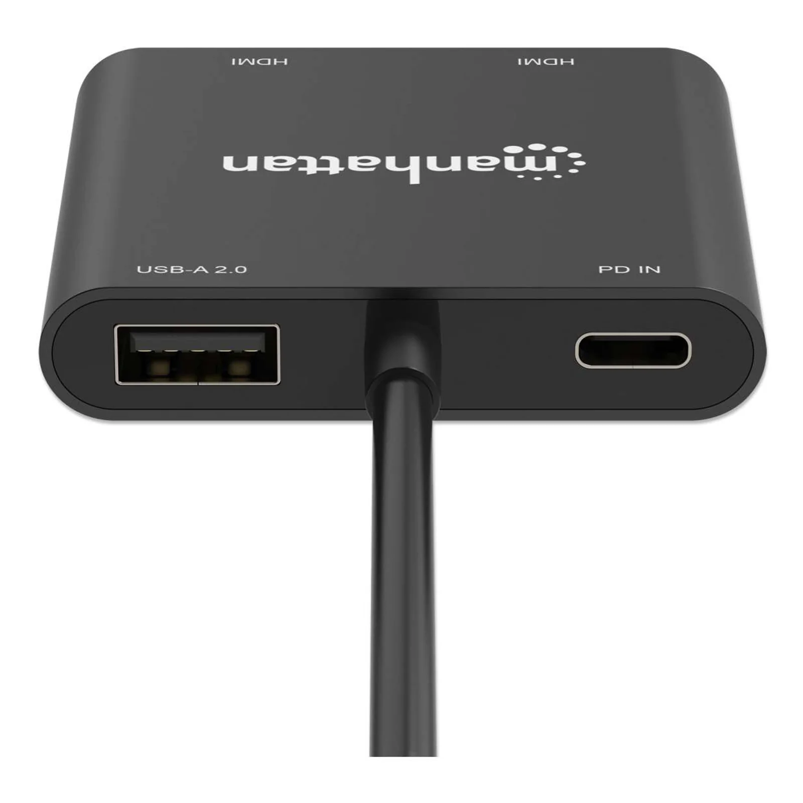 Manhattan Adaptateur USB-C vers double HDMI + USB-A, double 4K@30Hz ou 4K@60Hz (un écran), PD 100 W, 480 Mbit/s (USB 2.0), câble 15 cm, noir, garantie 3 ans