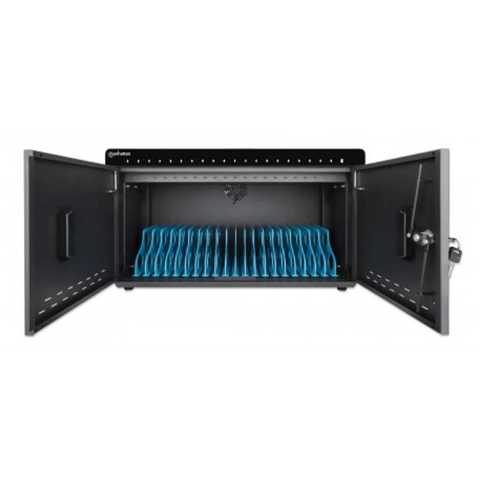 Manhattan Armoire de charge USB-C de bureau 20 appareils (iPad jusqu’à 11"), pour tablettes et smartphones, compartiments 264×22×235 mm, câbles non inclus (câble USB-C 354868 suggéré), verrouillable, alternative aux chariots de charge, câbles EU/UK inclus