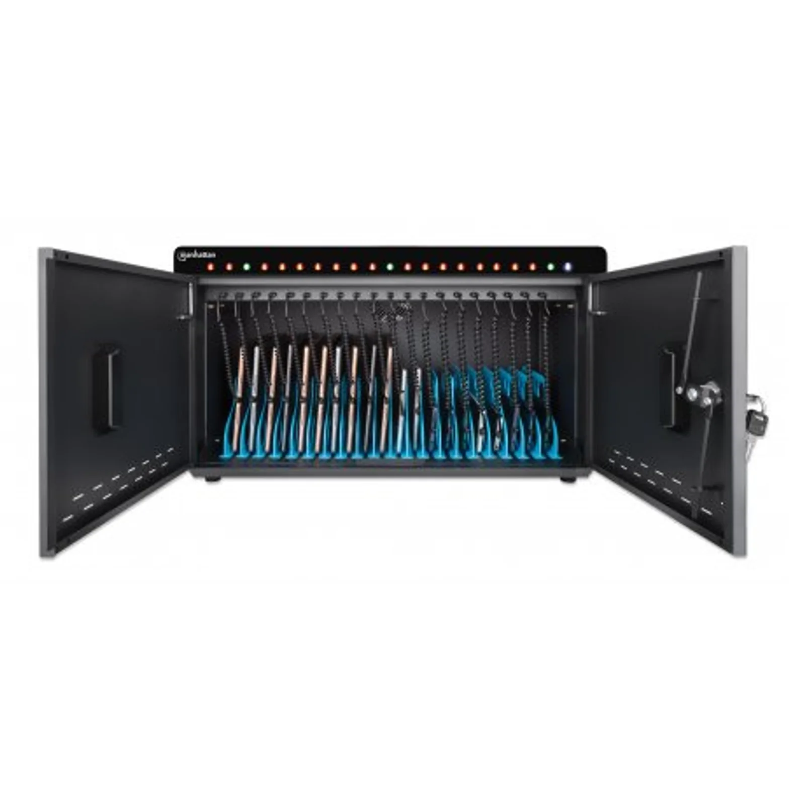 Manhattan Armoire de charge USB-C de bureau 20 appareils (iPad jusqu’à 11"), pour tablettes et smartphones, compartiments 264×22×235 mm, câbles non inclus (câble USB-C 354868 suggéré), verrouillable, alternative aux chariots de charge, câbles EU/UK inclus