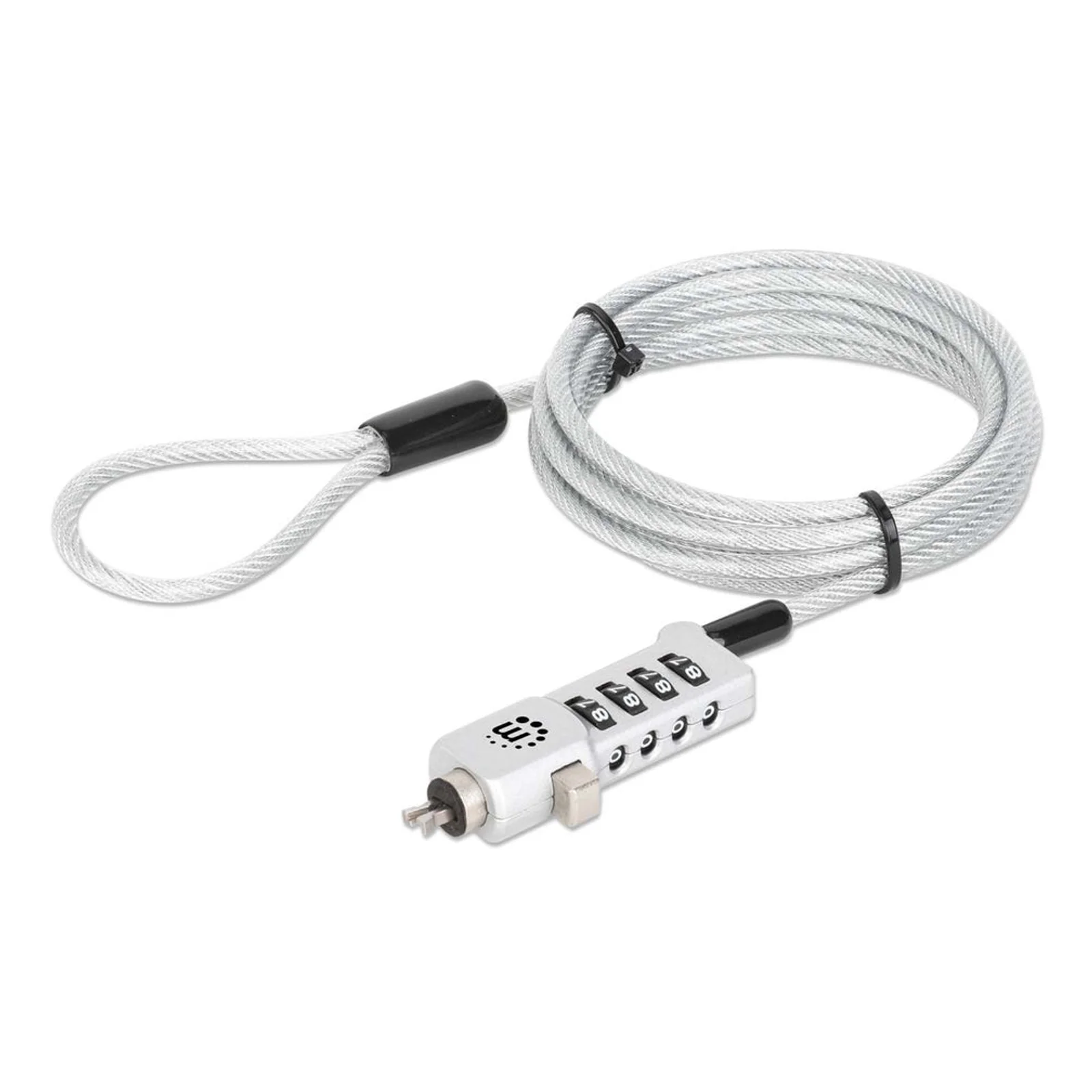 Câble antivol universel à combinaison pour ordinateur portable (Noble Wedge®, Nano et K-Slot), 3 en 1, combinaison réinitialisable à 4 chiffres, câble de 1,8 m en acier carbone résistant à la coupe, gaine PVC translucide, argent