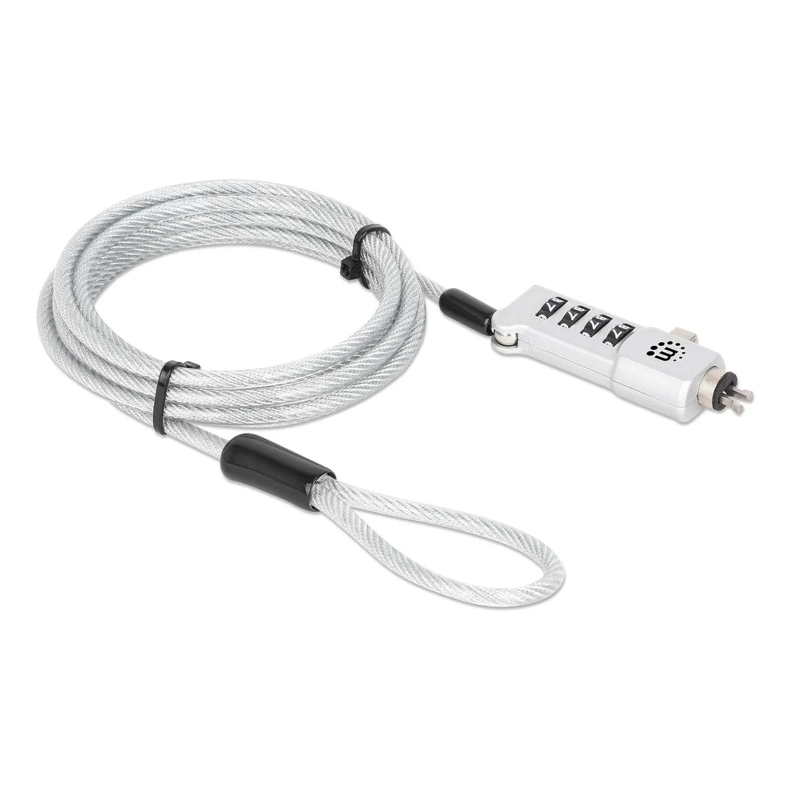 Manhattan Câble antivol universel à combinaison pour ordinateur portable (Noble Wedge®, Nano et K-Slot), 3 en 1, combinaison réinitialisable à 4 chiffres, câble de 1,8 m en acier carbone résistant à la coupe, gaine PVC translucide, argent