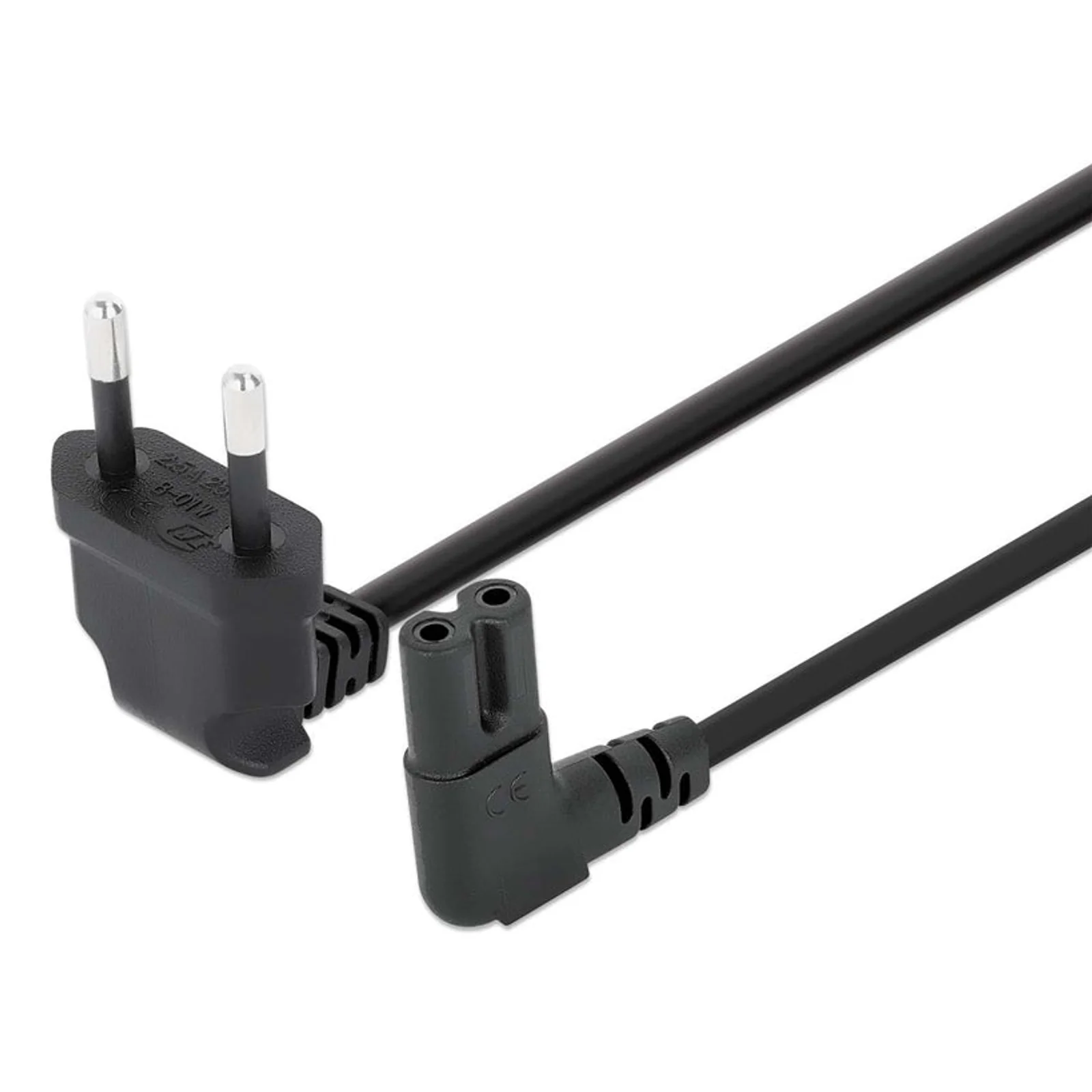 Câble d’alimentation en angle, prise européenne 2 broches (CEE 7/16 Europlug) vers connecteur C7 femelle (figure en huit), 2 m, 2,5 A, noir, câble secteur, garantie à vie