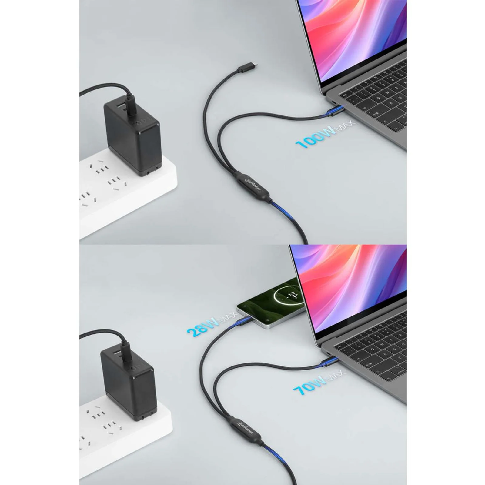 Manhattan Câble de charge USB-C vers USB-C double, répartiteur intelligent, 100 W, 2 m, charge deux appareils depuis un port USB-C PD, gaine tressée, noir, garantie 3 ans