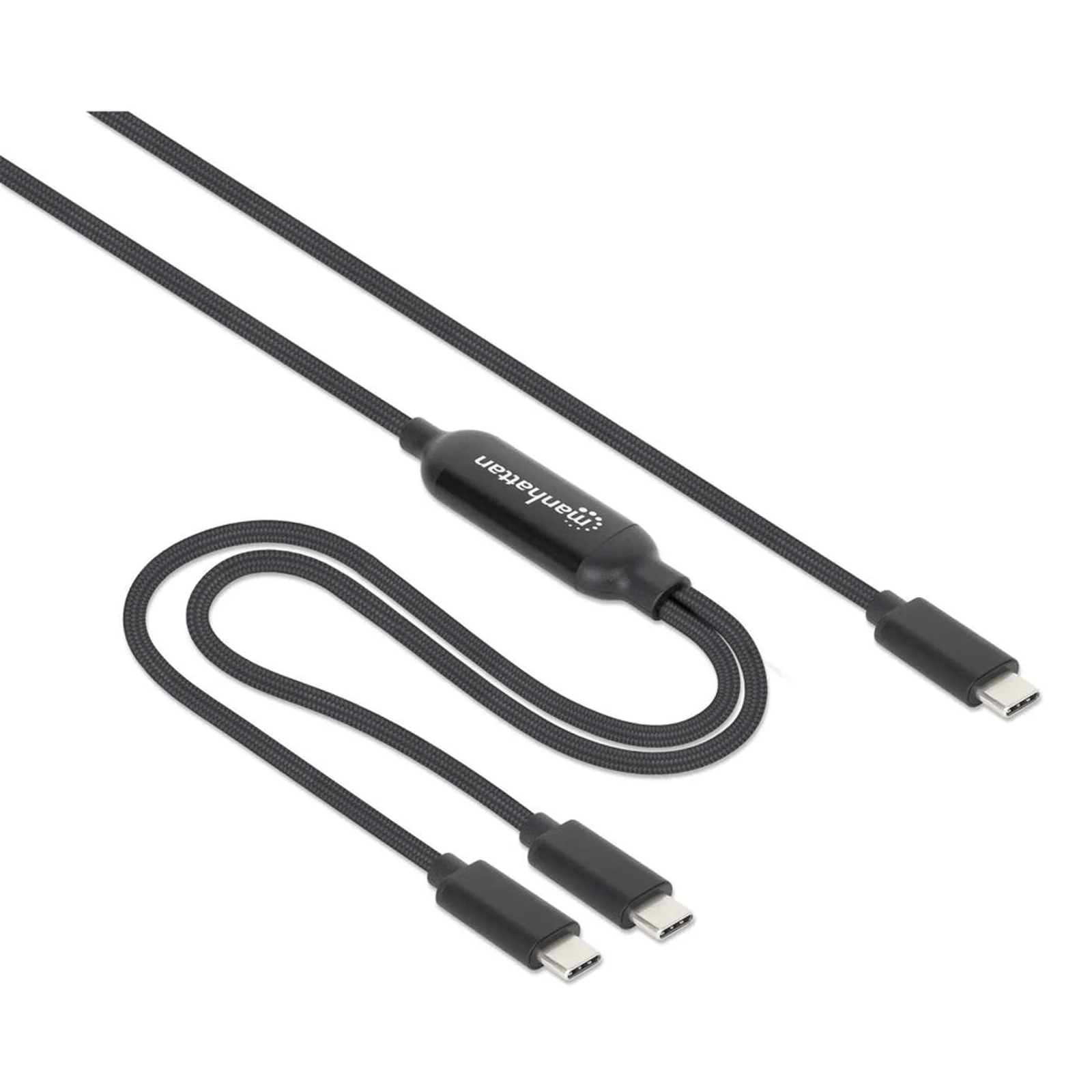 Manhattan Câble de charge USB-C vers USB-C double, répartiteur intelligent, 100 W, 2 m, charge deux appareils depuis un port USB-C PD, gaine tressée, noir, garantie 3 ans