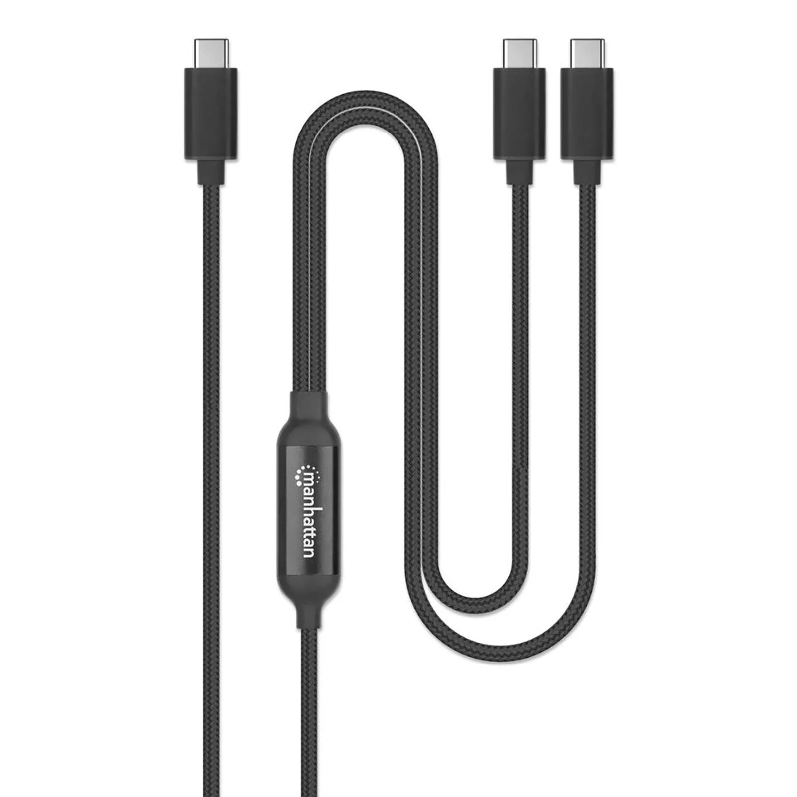 Manhattan Câble de charge USB-C vers USB-C double, répartiteur intelligent, 100 W, 2 m, charge deux appareils depuis un port USB-C PD, gaine tressée, noir, garantie 3 ans