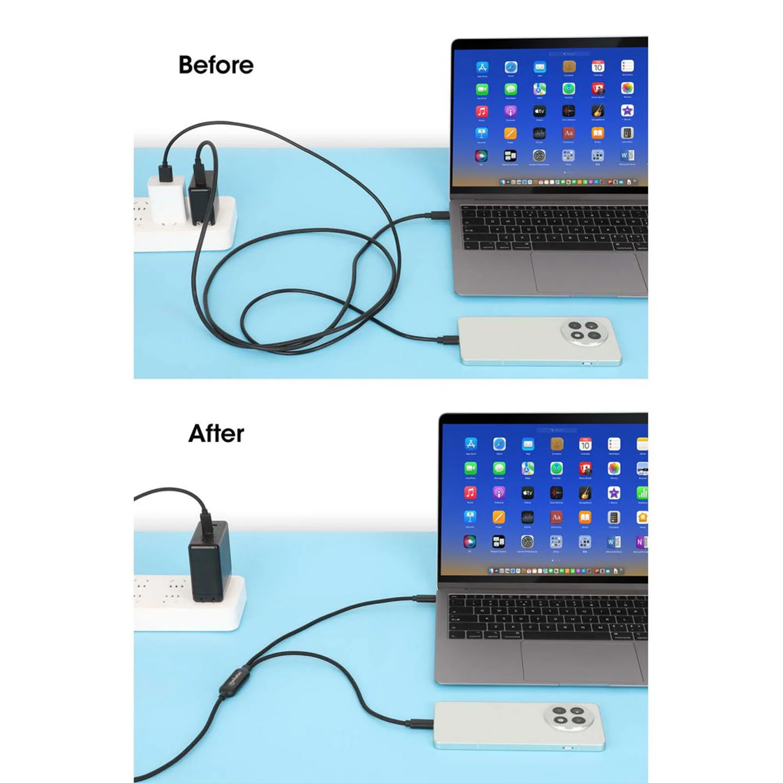 Manhattan Câble de charge USB-C vers USB-C double, répartiteur intelligent, 100 W, 2 m, charge deux appareils depuis un port USB-C PD, gaine tressée, noir, garantie 3 ans