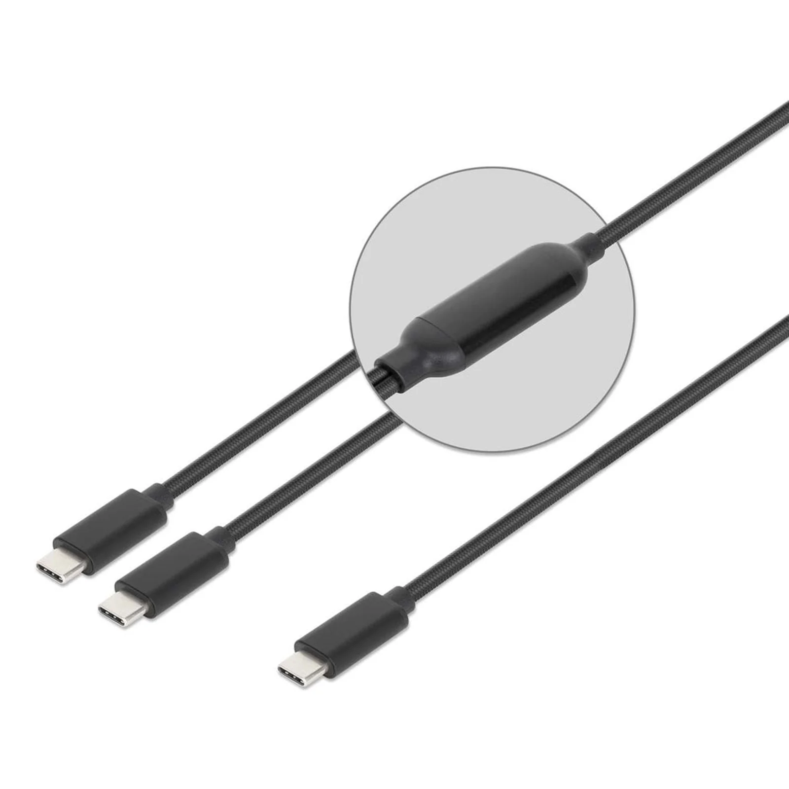 Manhattan Câble de charge USB-C vers USB-C double, répartiteur intelligent, 100 W, 2 m, charge deux appareils depuis un port USB-C PD, gaine tressée, noir, garantie 3 ans