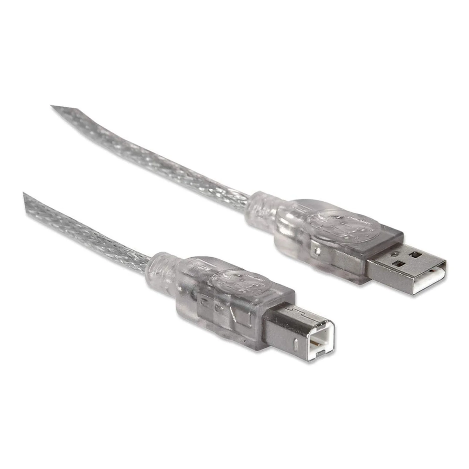 Manhattan Câble USB-A vers USB-B, 1,8 m, mâle à mâle, 480 Mbit/s (USB 2.0), argent translucide, garantie à vie, équivalent à USB2HAB6T
