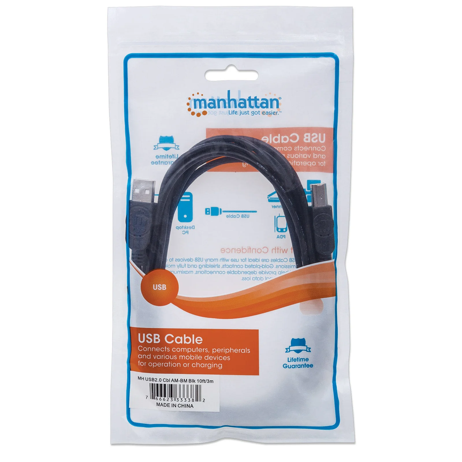 Manhattan Câble USB-A vers USB-B, 3 m, mâle à mâle, 480 Mbit/s (USB 2.0), noir, garantie à vie, équivalent à USB2HAB3M