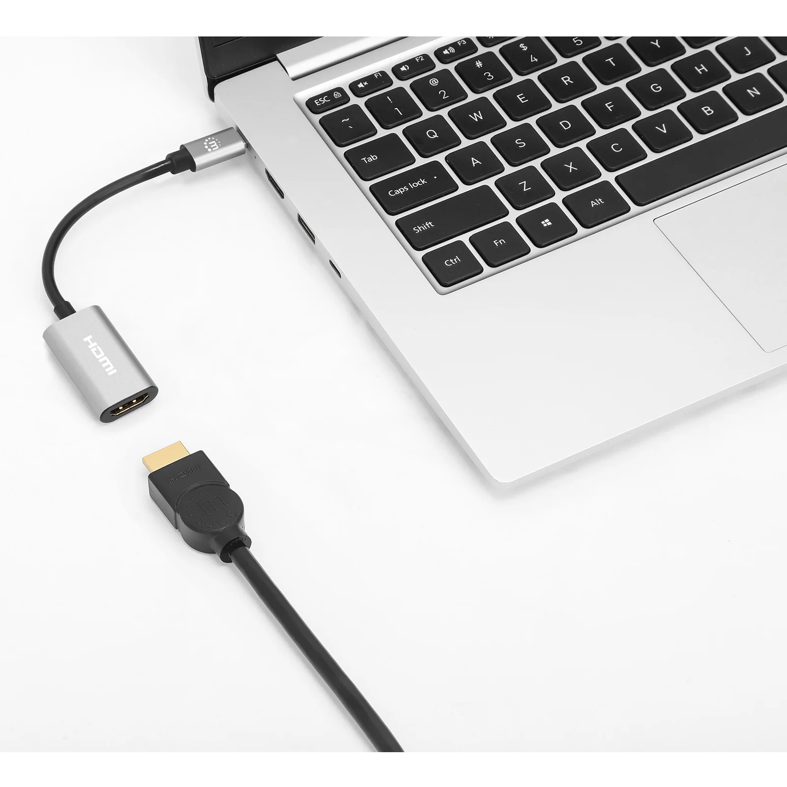 Manhattan Câble USB-C vers HDMI, 4K@60Hz + USB 5 Gbit/s (USB 3.2 Gen 1 / USB 3.0), 11 cm, mâle à mâle, noir/argent, garantie 3 ans