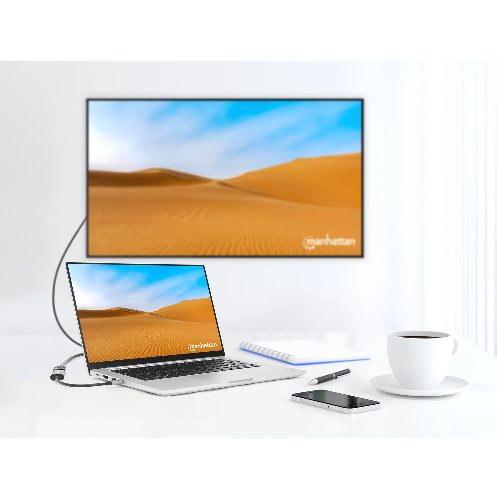 Manhattan Câble USB-C vers HDMI, 4K@60Hz + USB 5 Gbit/s (USB 3.2 Gen 1 / USB 3.0), 11 cm, mâle à mâle, noir/argent, garantie 3 ans