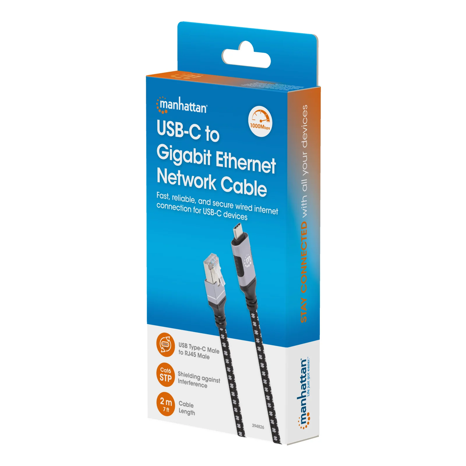 Manhattan Câble USB-C vers réseau Gigabit RJ45 (10/100/1000), 2 m, Ethernet multi-gigabit, noir/argent, garantie 3 ans