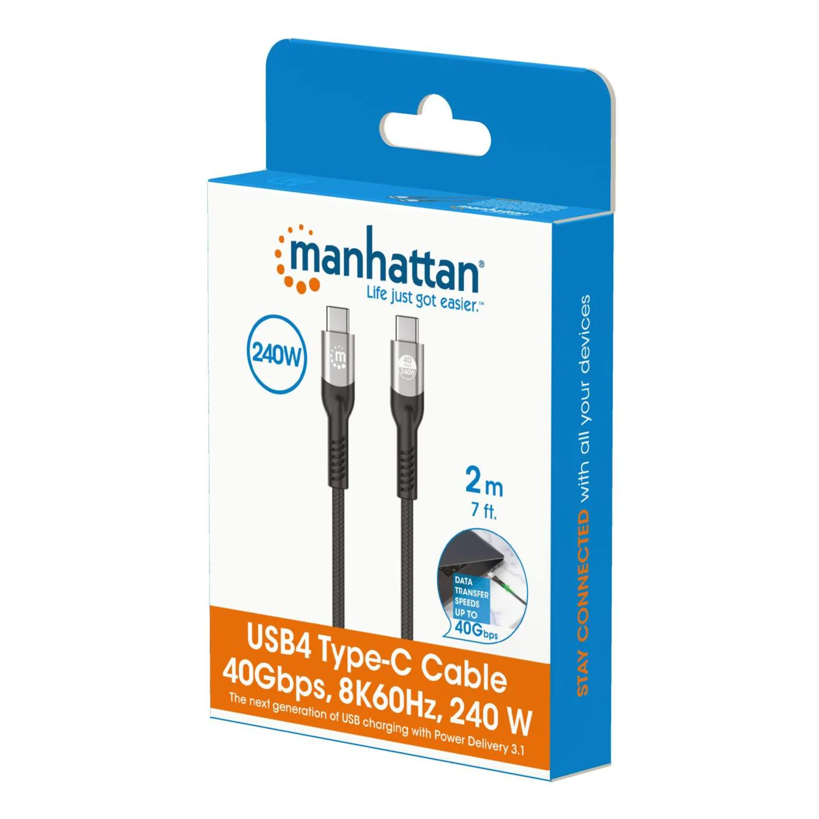 Manhattan Câble USB-C vers USB-C haute vitesse (240 W), 2 m, charge ordinateur portable + données et vidéo rapides, compatible tous PC portables (un chargeur mural USB-C de 240 W supplémentaire est nécessaire), transferts jusqu’à 40 Gbit/s, noir, garantie 3 ans