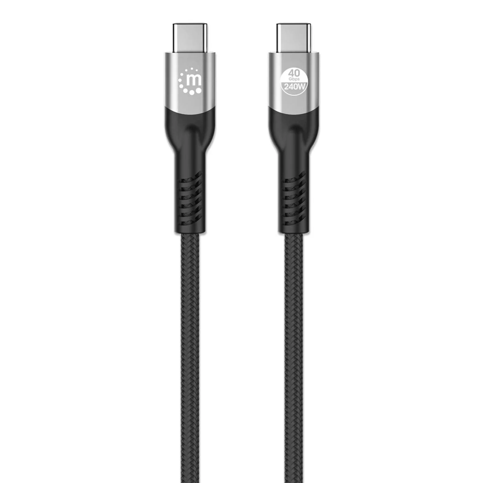 Manhattan Câble USB-C vers USB-C haute vitesse (240 W), 2 m, charge ordinateur portable + données et vidéo rapides, compatible tous PC portables (un chargeur mural USB-C de 240 W supplémentaire est nécessaire), transferts jusqu’à 40 Gbit/s, noir, garantie 3 ans