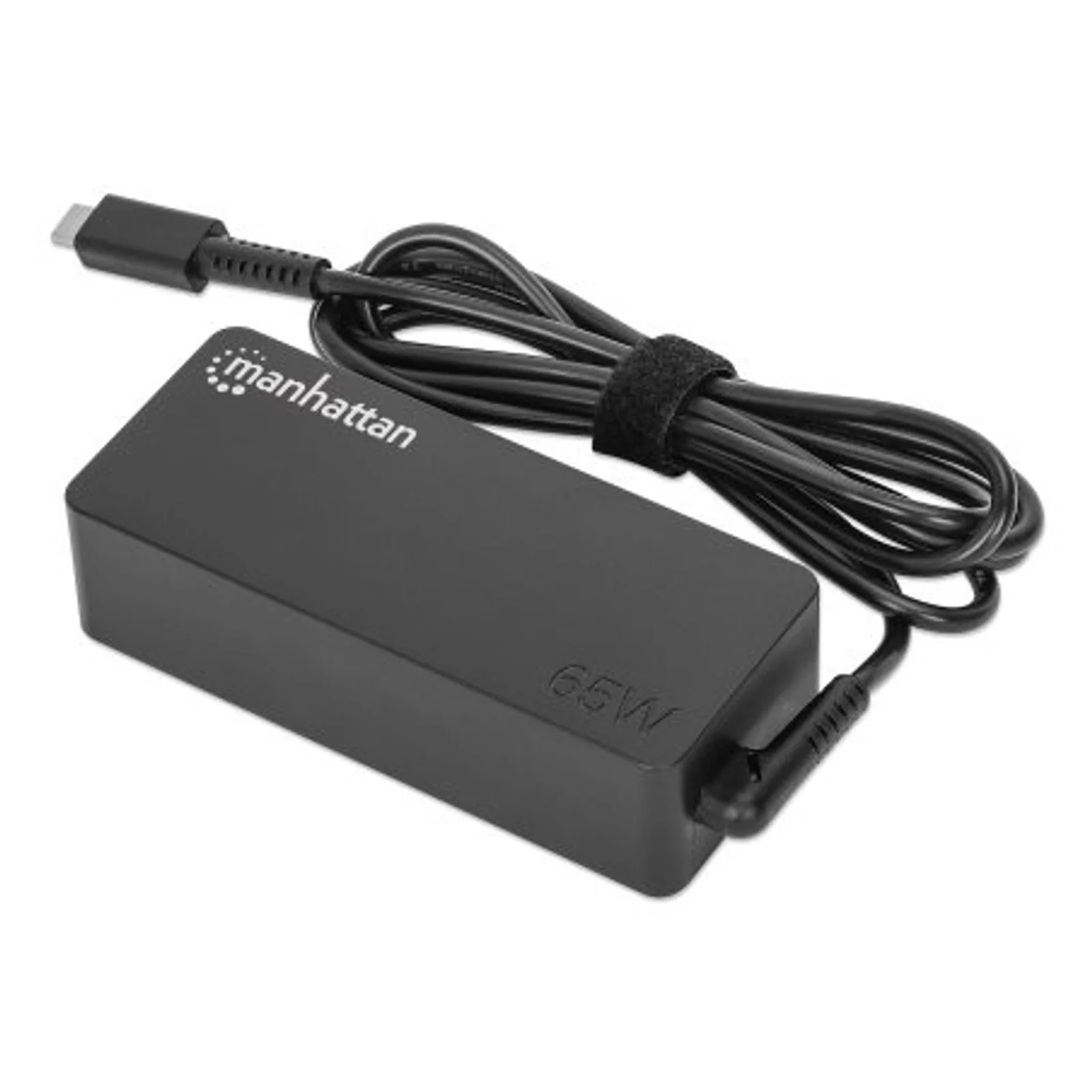 Manhattan Chargeur pour ordinateur portable USB-C Power Delivery 65 W, adaptateur secteur vers USB-C, tension universelle pour la plupart des ordinateurs portables, idéal en remplacement, avec câble secteur amovible et câble USB-C PD intégré, noir