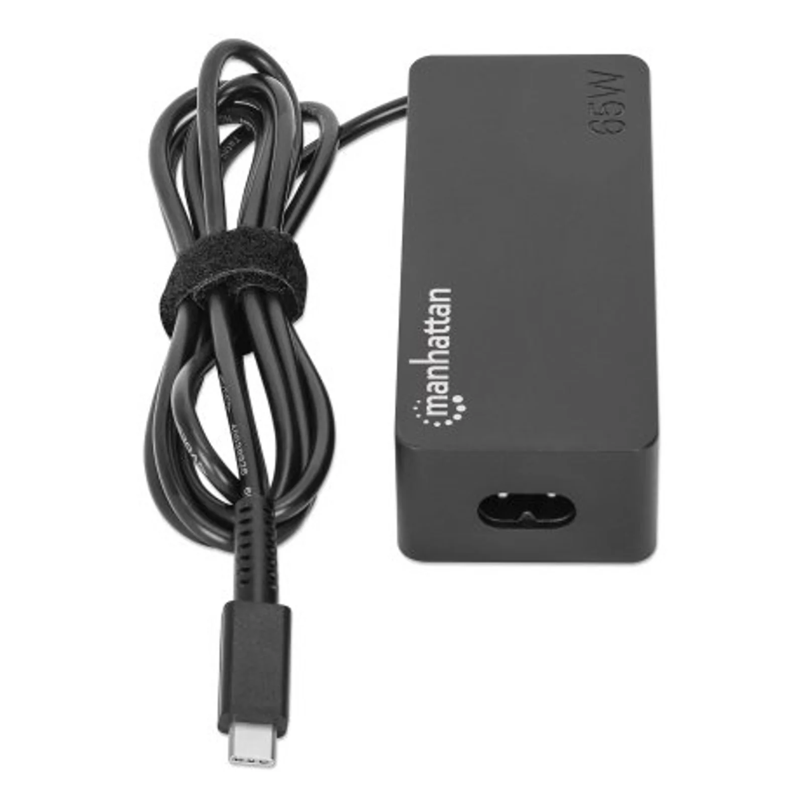 Manhattan Chargeur pour ordinateur portable USB-C Power Delivery 65 W, adaptateur secteur vers USB-C, tension universelle pour la plupart des ordinateurs portables, idéal en remplacement, avec câble secteur amovible et câble USB-C PD intégré, noir