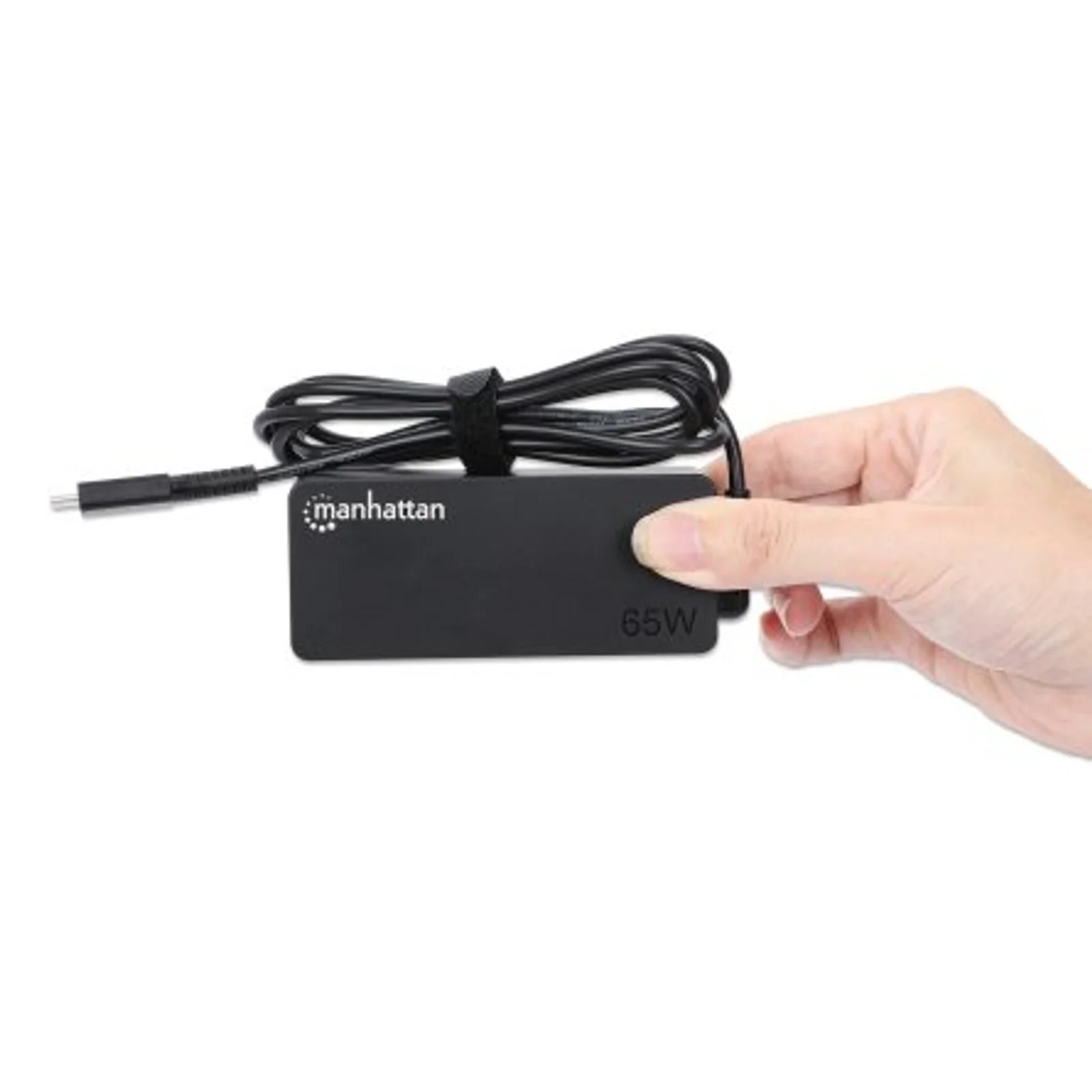 Manhattan Chargeur pour ordinateur portable USB-C Power Delivery 65 W, adaptateur secteur vers USB-C, tension universelle pour la plupart des ordinateurs portables, idéal en remplacement, avec câble secteur amovible et câble USB-C PD intégré, noir
