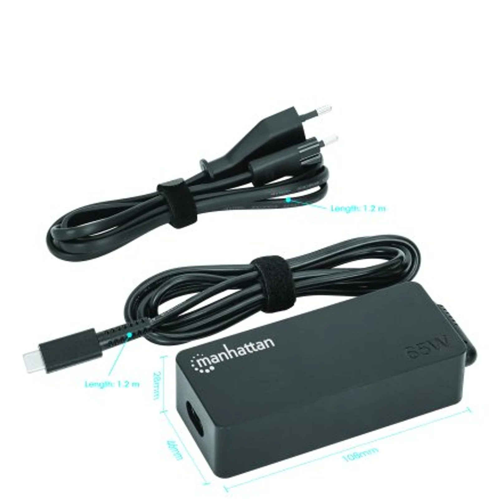 Manhattan Chargeur pour ordinateur portable USB-C Power Delivery 65 W, adaptateur secteur vers USB-C, tension universelle pour la plupart des ordinateurs portables, idéal en remplacement, avec câble secteur amovible et câble USB-C PD intégré, noir