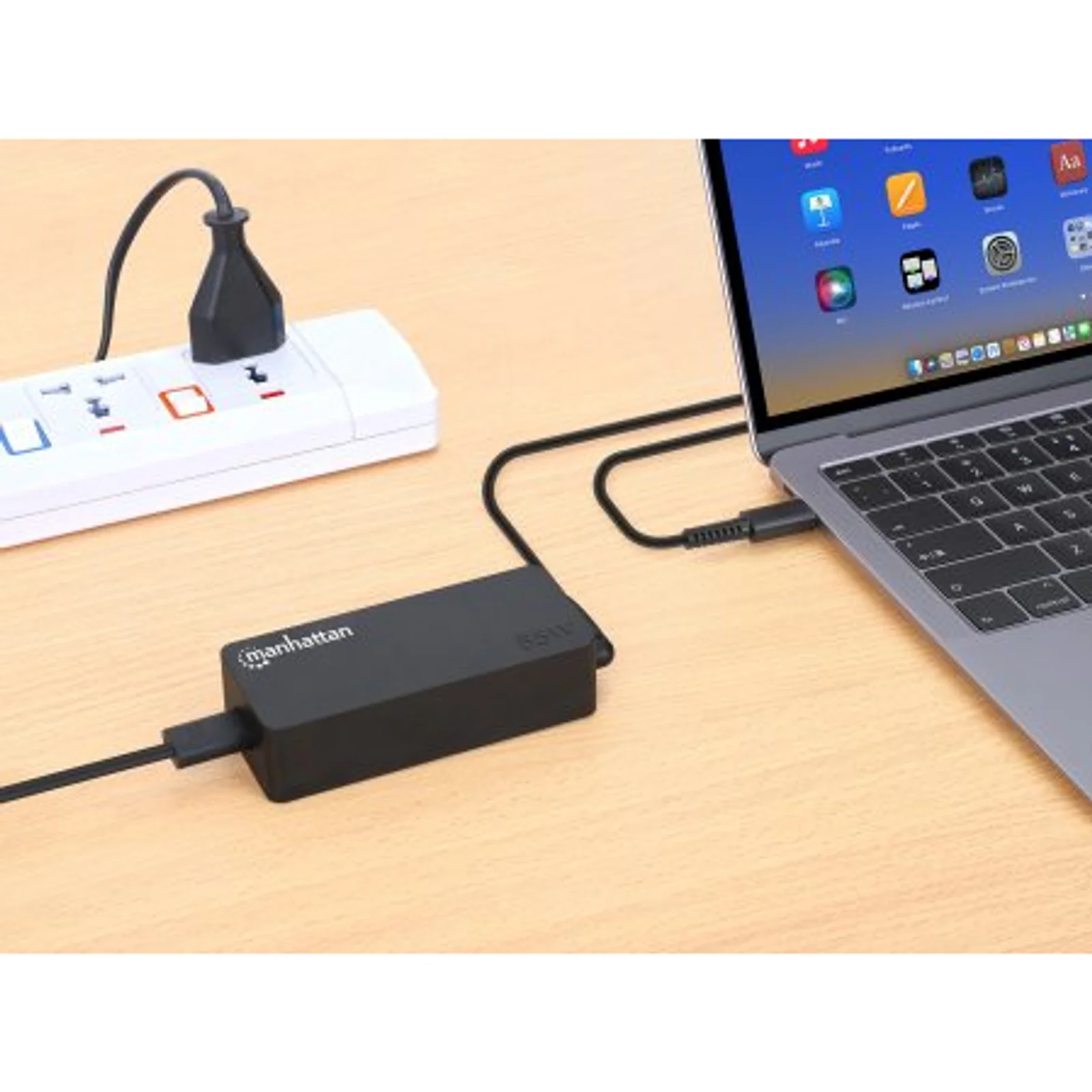 Manhattan Chargeur pour ordinateur portable USB-C Power Delivery 65 W, adaptateur secteur vers USB-C, tension universelle pour la plupart des ordinateurs portables, idéal en remplacement, avec câble secteur amovible et câble USB-C PD intégré, noir