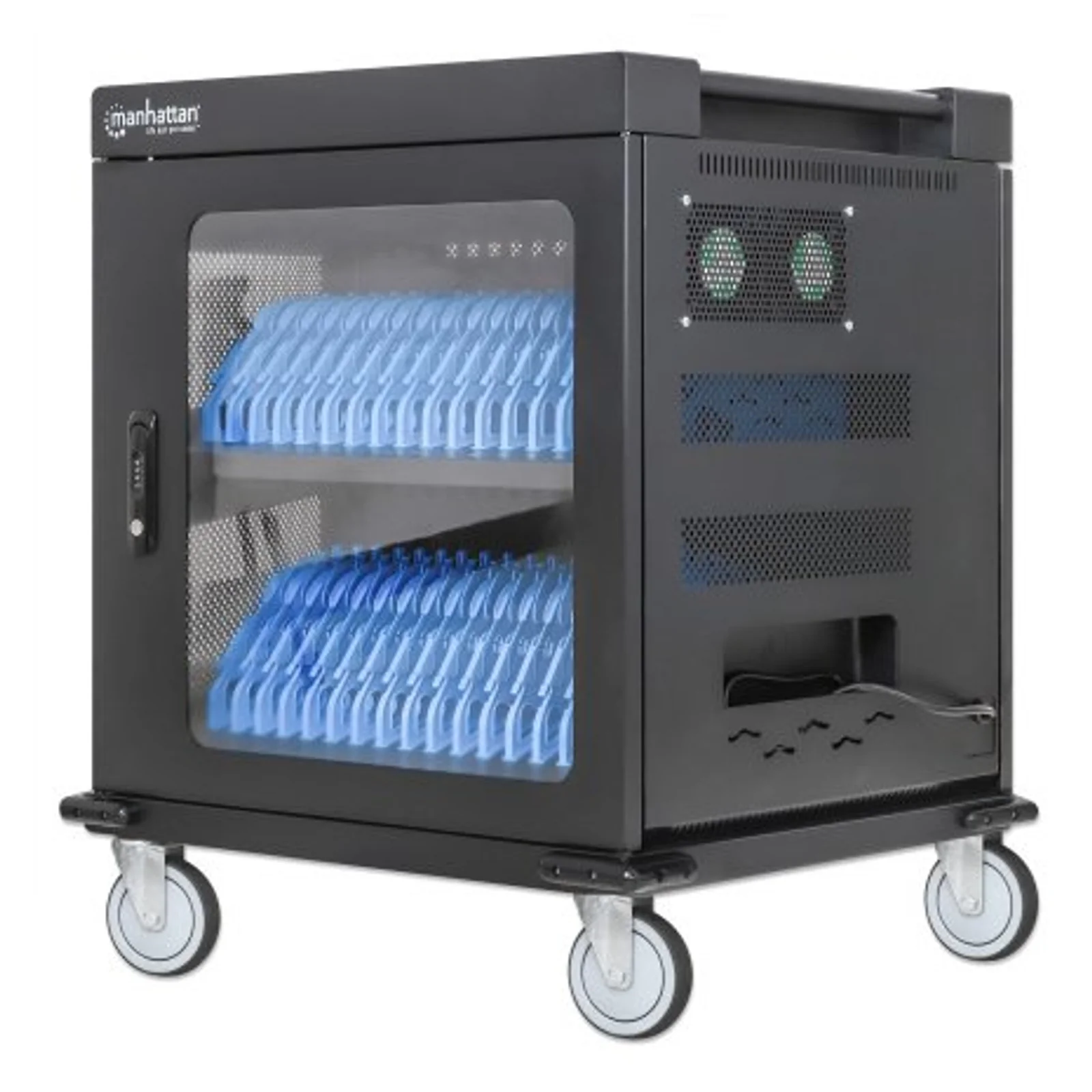 Chariot de charge (armoire) 32 appareils, charge via adaptateurs secteur (EU) internes (installer les câbles d’alimentation des appareils), TOUT portables jusqu’à 15,6", iPad, MacBook et Chromebook, compartiments 380×30×280 mm, verrouillable
