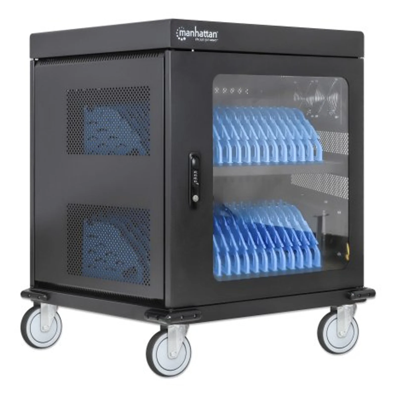 Manhattan Chariot de charge (armoire) 32 appareils, charge via adaptateurs secteur (EU) internes (installer les câbles d’alimentation des appareils), TOUT portables jusqu’à 15,6", iPad, MacBook et Chromebook, compartiments 380×30×280 mm, verrouillable
