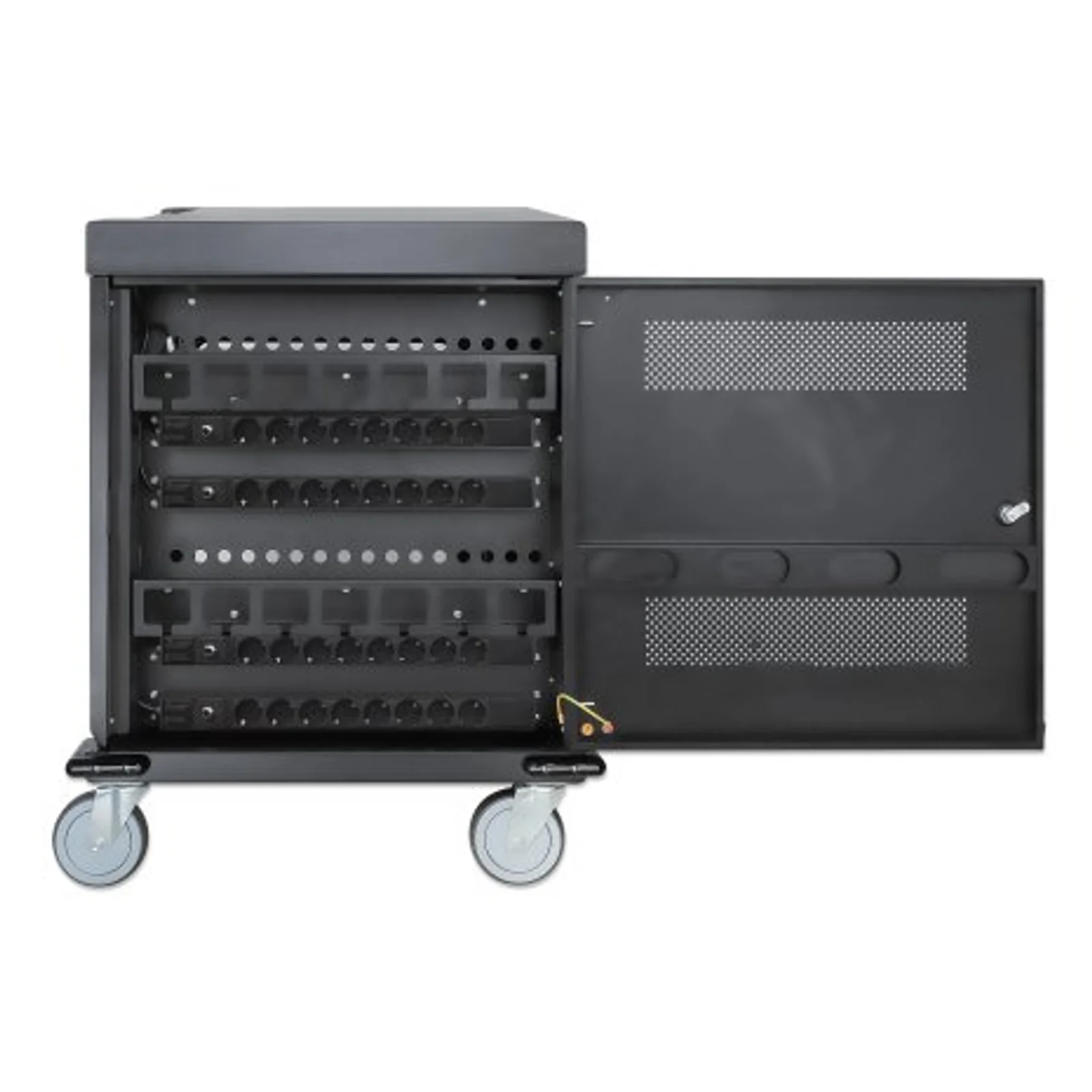 Manhattan Chariot de charge (armoire) 32 appareils, charge via adaptateurs secteur (EU) internes (installer les câbles d’alimentation des appareils), TOUT portables jusqu’à 15,6", iPad, MacBook et Chromebook, compartiments 380×30×280 mm, verrouillable