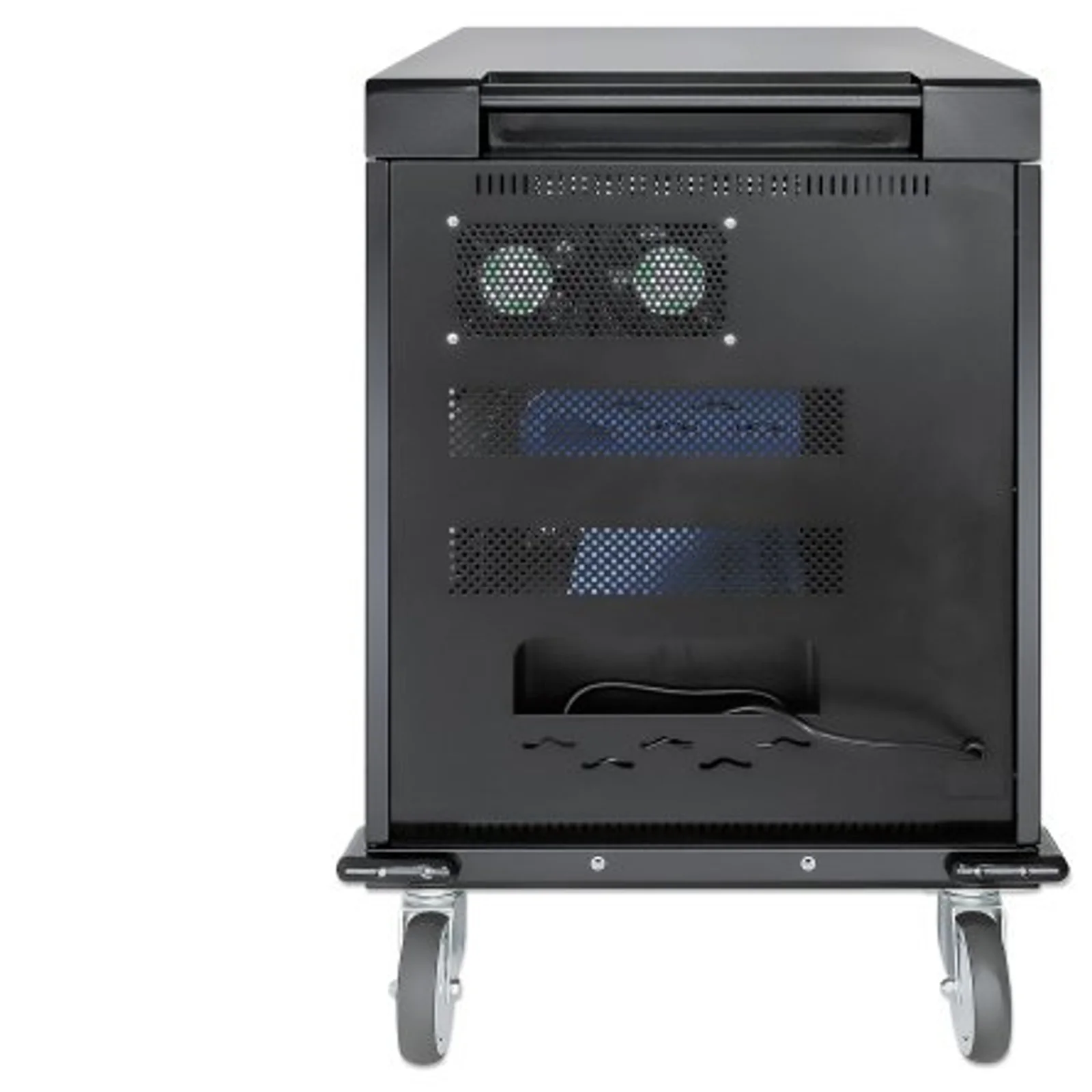 Manhattan Chariot de charge (armoire) 32 appareils, charge via adaptateurs secteur (EU) internes (installer les câbles d’alimentation des appareils), TOUT portables jusqu’à 15,6", iPad, MacBook et Chromebook, compartiments 380×30×280 mm, verrouillable