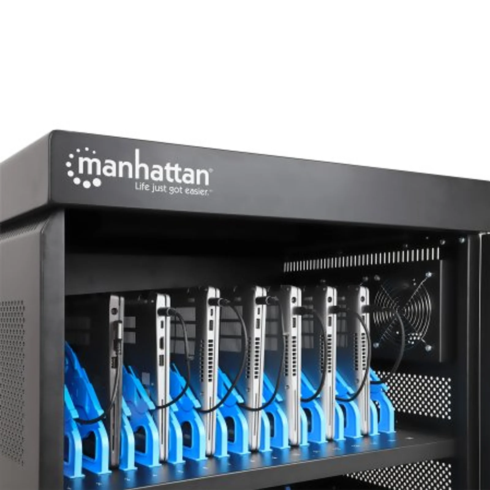 Manhattan Chariot de charge (armoire) 32 appareils, charge via adaptateurs secteur (EU) internes (installer les câbles d’alimentation des appareils), TOUT portables jusqu’à 15,6", iPad, MacBook et Chromebook, compartiments 380×30×280 mm, verrouillable