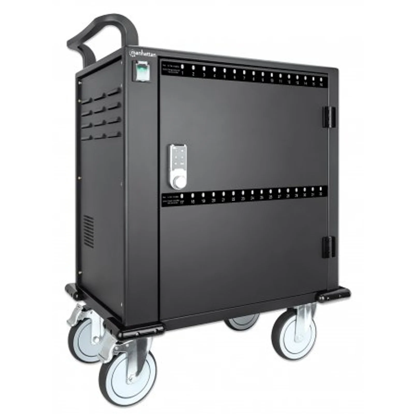 Manhattan Chariot de charge USB-C (armoire) 32 appareils (iPad jusqu’à 13", MacBook Air jusqu’à 13", Chromebook jusqu’à 14"), pour tablettes et smartphones, compartiments 330×22×235 mm, câbles non inclus (câble USB-C 354868 suggéré), verrouillable