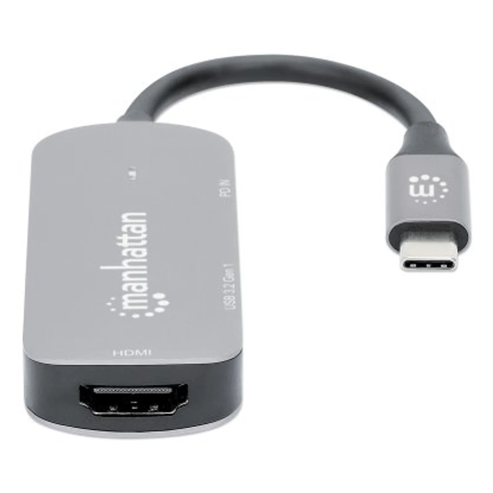Manhattan Dock/hub USB-C, 3 ports : HDMI, USB-A, USB-C, avec Power Delivery (PD) 100 W - nécessite un chargeur USB-C externe (non inclus). Alimenté par USB (aucune alimentation externe requise) lorsque le PD n’est pas utilisé, aluminium