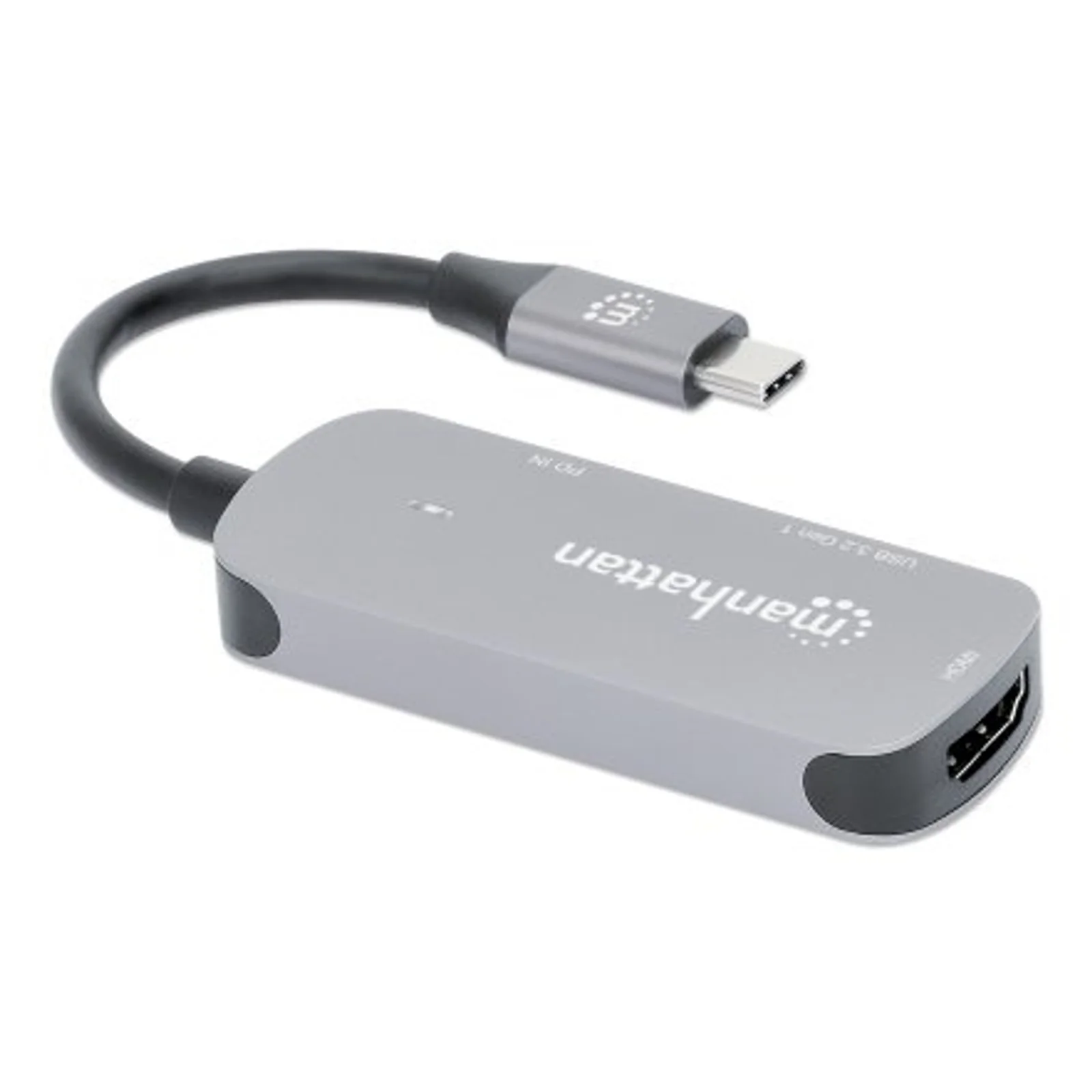 Manhattan Dock/hub USB-C, 3 ports : HDMI, USB-A, USB-C, avec Power Delivery (PD) 100 W - nécessite un chargeur USB-C externe (non inclus). Alimenté par USB (aucune alimentation externe requise) lorsque le PD n’est pas utilisé, aluminium