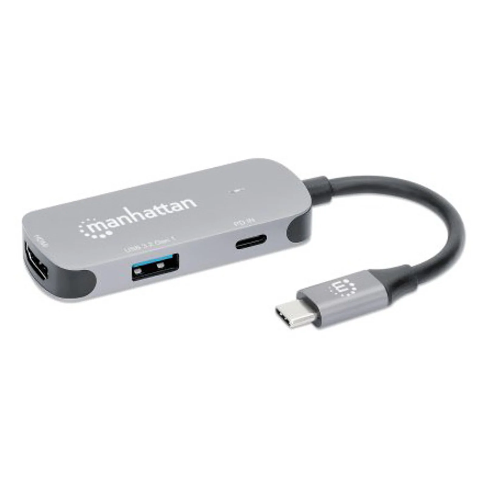 Manhattan Dock/hub USB-C, 3 ports : HDMI, USB-A, USB-C, avec Power Delivery (PD) 100 W - nécessite un chargeur USB-C externe (non inclus). Alimenté par USB (aucune alimentation externe requise) lorsque le PD n’est pas utilisé, aluminium
