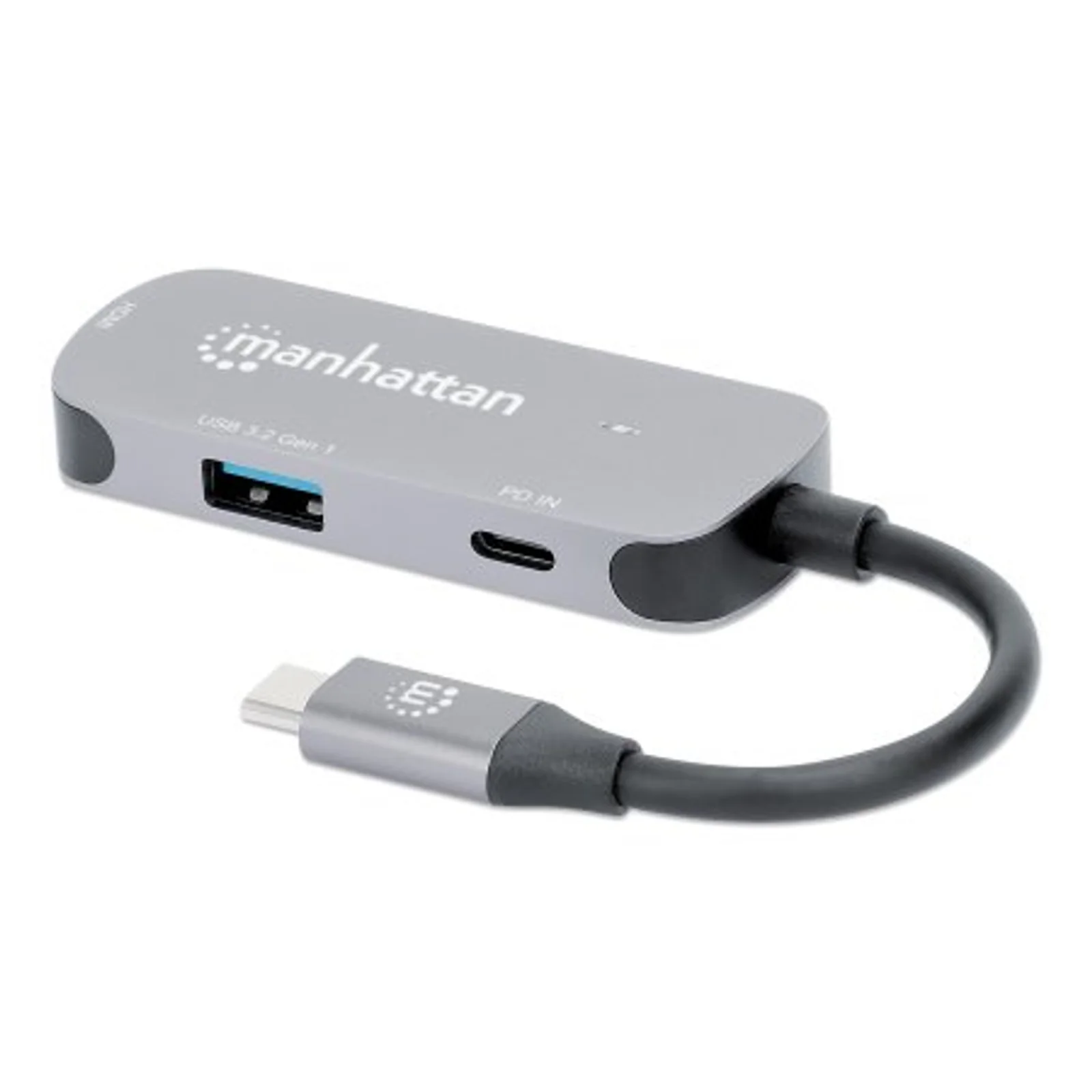 Manhattan Dock/hub USB-C, 3 ports : HDMI, USB-A, USB-C, avec Power Delivery (PD) 100 W - nécessite un chargeur USB-C externe (non inclus). Alimenté par USB (aucune alimentation externe requise) lorsque le PD n’est pas utilisé, aluminium