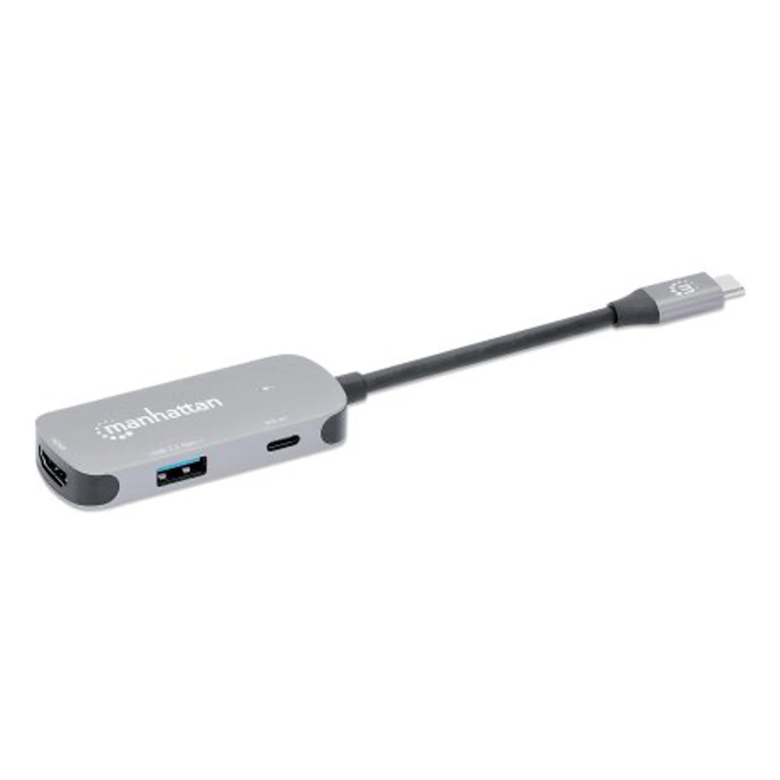 Manhattan Dock/hub USB-C, 3 ports : HDMI, USB-A, USB-C, avec Power Delivery (PD) 100 W - nécessite un chargeur USB-C externe (non inclus). Alimenté par USB (aucune alimentation externe requise) lorsque le PD n’est pas utilisé, aluminium
