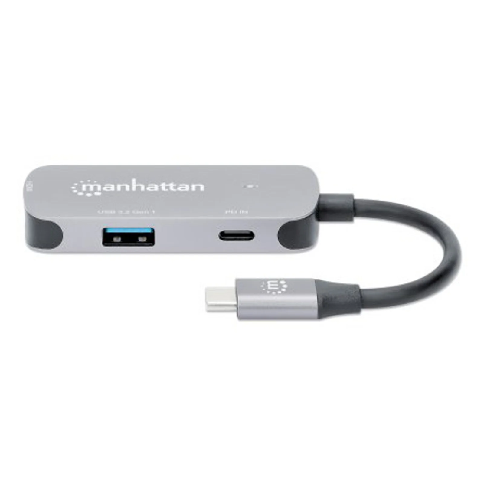 Manhattan Dock/hub USB-C, 3 ports : HDMI, USB-A, USB-C, avec Power Delivery (PD) 100 W - nécessite un chargeur USB-C externe (non inclus). Alimenté par USB (aucune alimentation externe requise) lorsque le PD n’est pas utilisé, aluminium