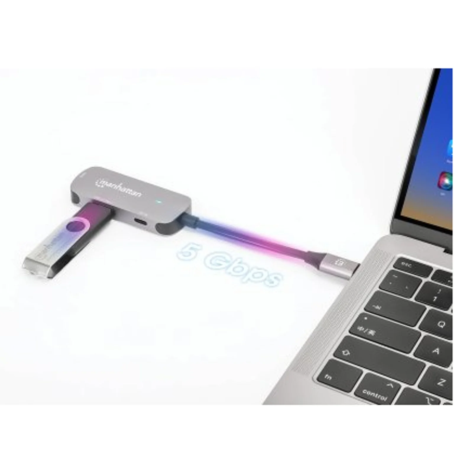 Manhattan Dock/hub USB-C, 3 ports : HDMI, USB-A, USB-C, avec Power Delivery (PD) 100 W - nécessite un chargeur USB-C externe (non inclus). Alimenté par USB (aucune alimentation externe requise) lorsque le PD n’est pas utilisé, aluminium