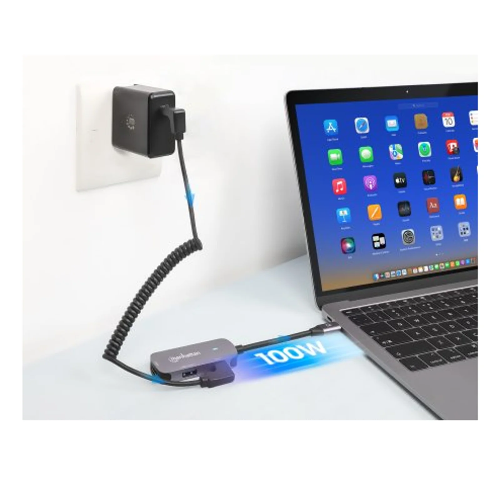 Manhattan Dock/hub USB-C, 3 ports : HDMI, USB-A, USB-C, avec Power Delivery (PD) 100 W - nécessite un chargeur USB-C externe (non inclus). Alimenté par USB (aucune alimentation externe requise) lorsque le PD n’est pas utilisé, aluminium
