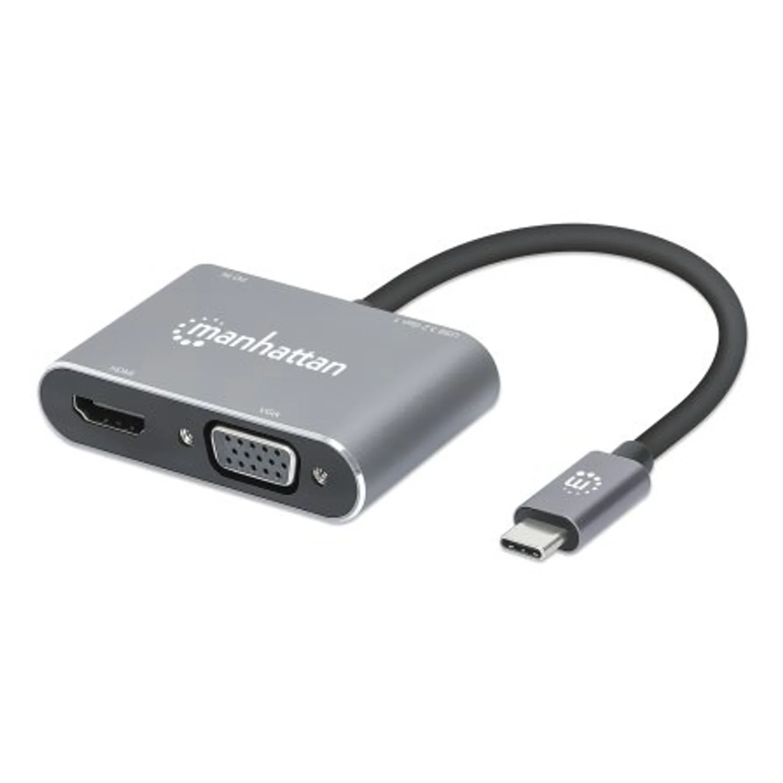 Dock/hub USB-C, 4 ports : HDMI, USB-A, USB-C et VGA, avec Power Delivery (PD) 87 W - nécessite un chargeur USB-C externe (non inclus). Alimenté par USB (aucune alimentation externe requise) lorsque le PD n’est pas utilisé, aluminium